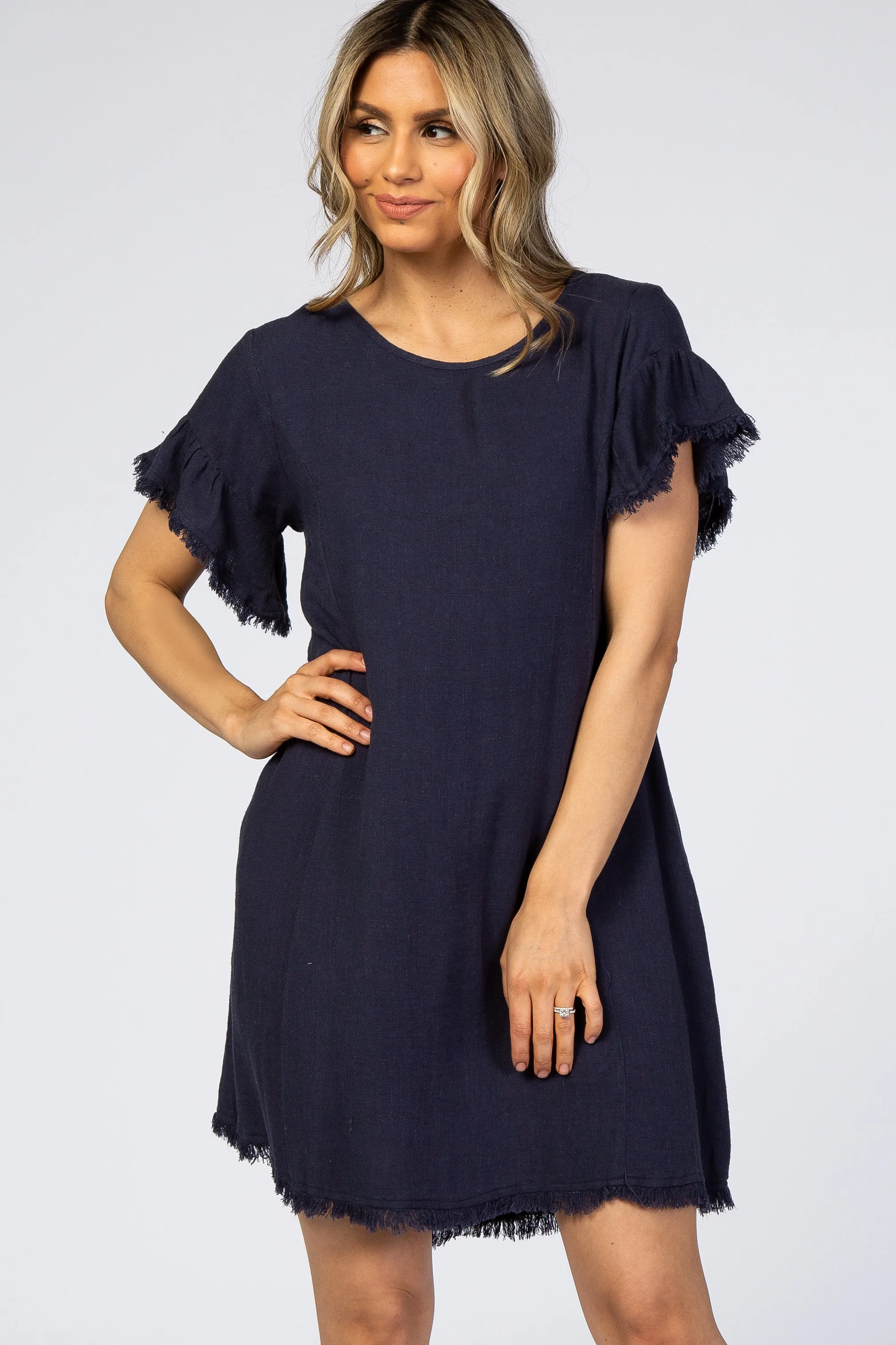 Navy Frayed Trim Back Keyhole Linen Dress sold by Pinkblush product image thumbnail 5