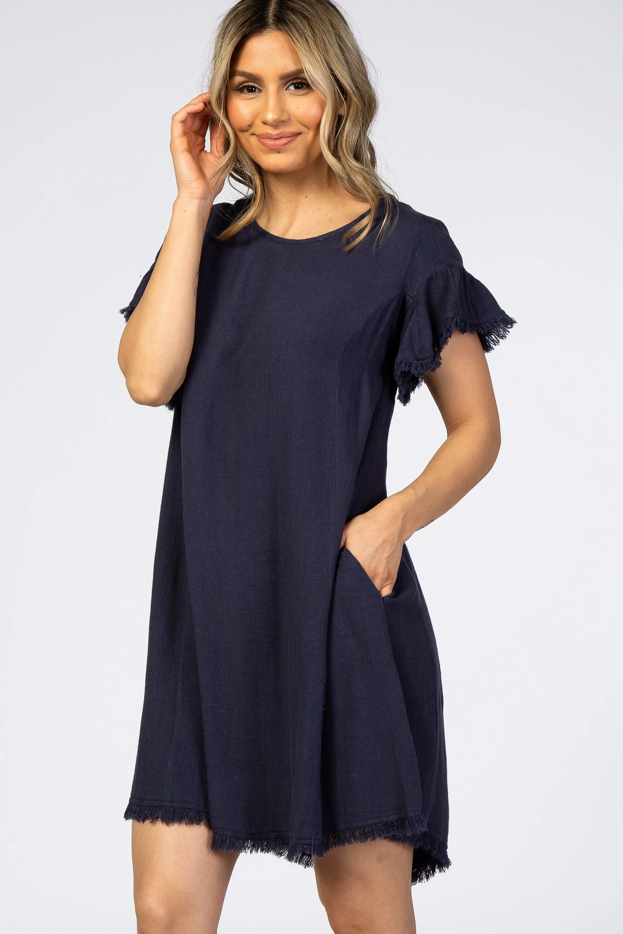 Navy Frayed Trim Back Keyhole Linen Dress sold by Pinkblush product image thumbnail 2