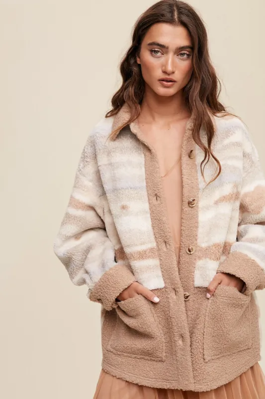 Beige Striped Fuzzy Knit Teddy Jacket made by Pinkblush