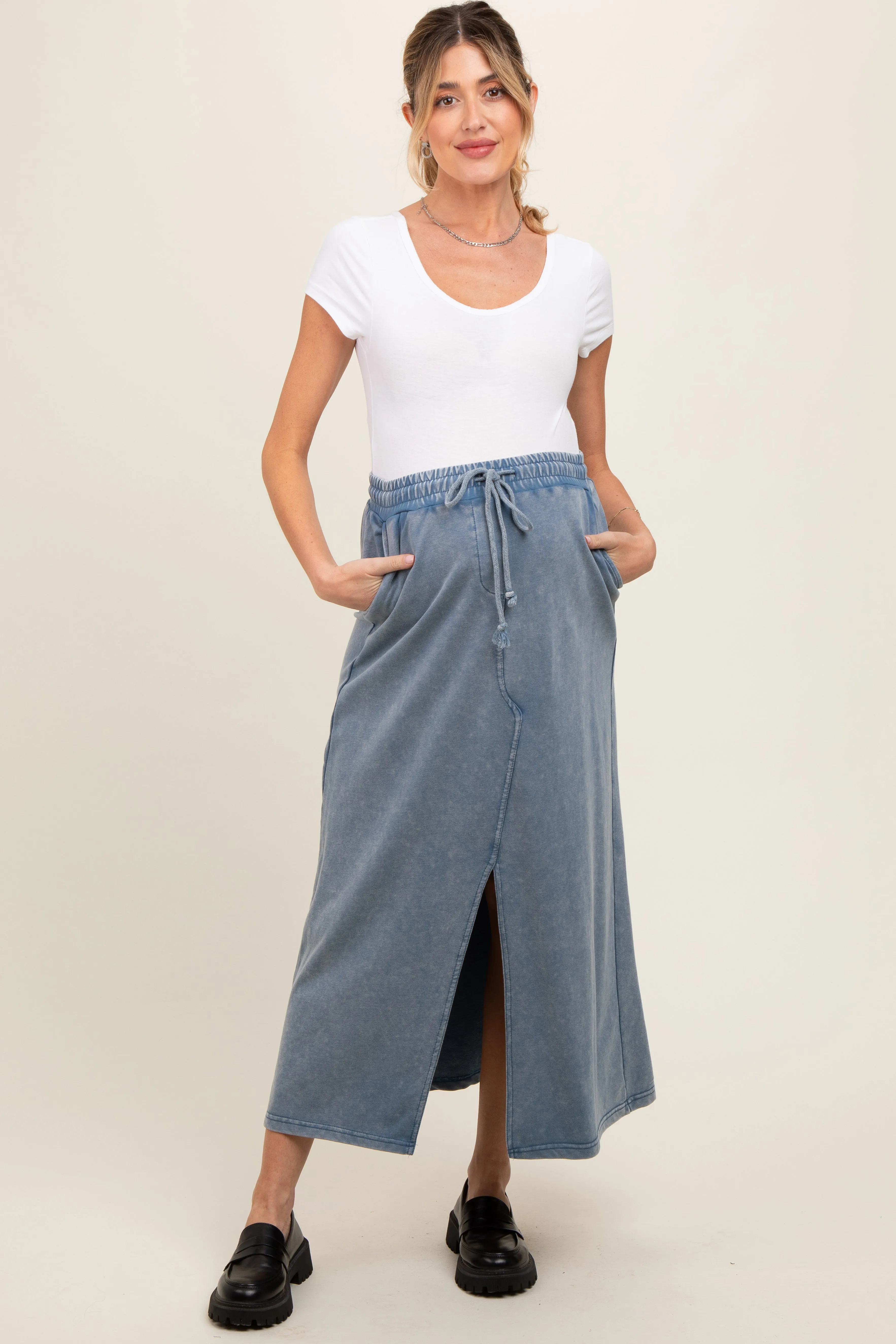 Blue Terry Drawstring Maternity Midi Skirt sold by Pinkblush