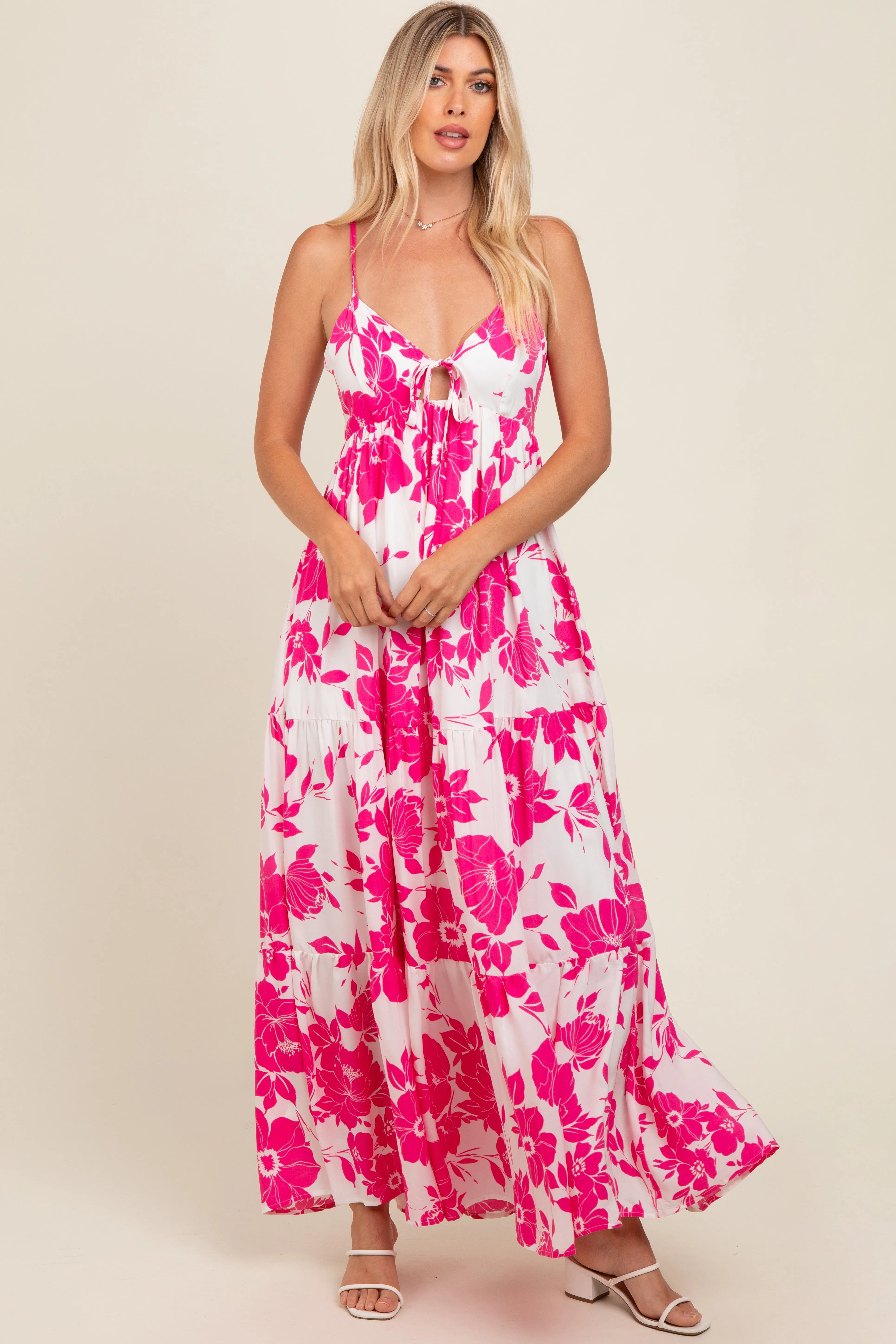 Fuchsia Tropical Floral Open Back Maxi Dress sold by Pinkblush