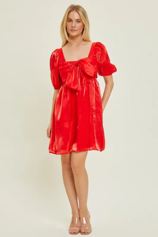 Red Orange Mini Dress W/ Front Bow Detail sold by Pinkblush