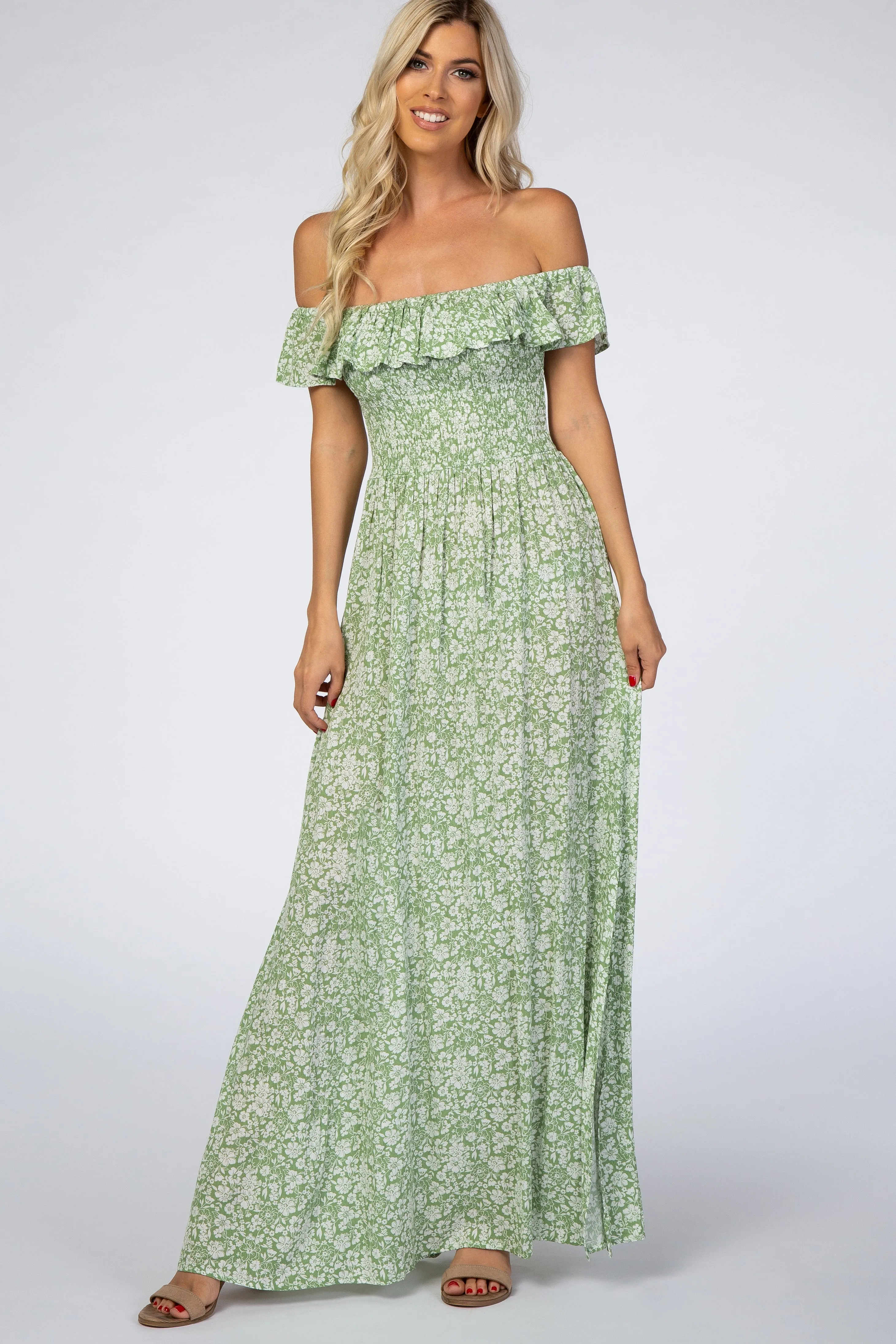 Green Floral Ruffle Off Shoulder Maxi Dress sold by Pinkblush