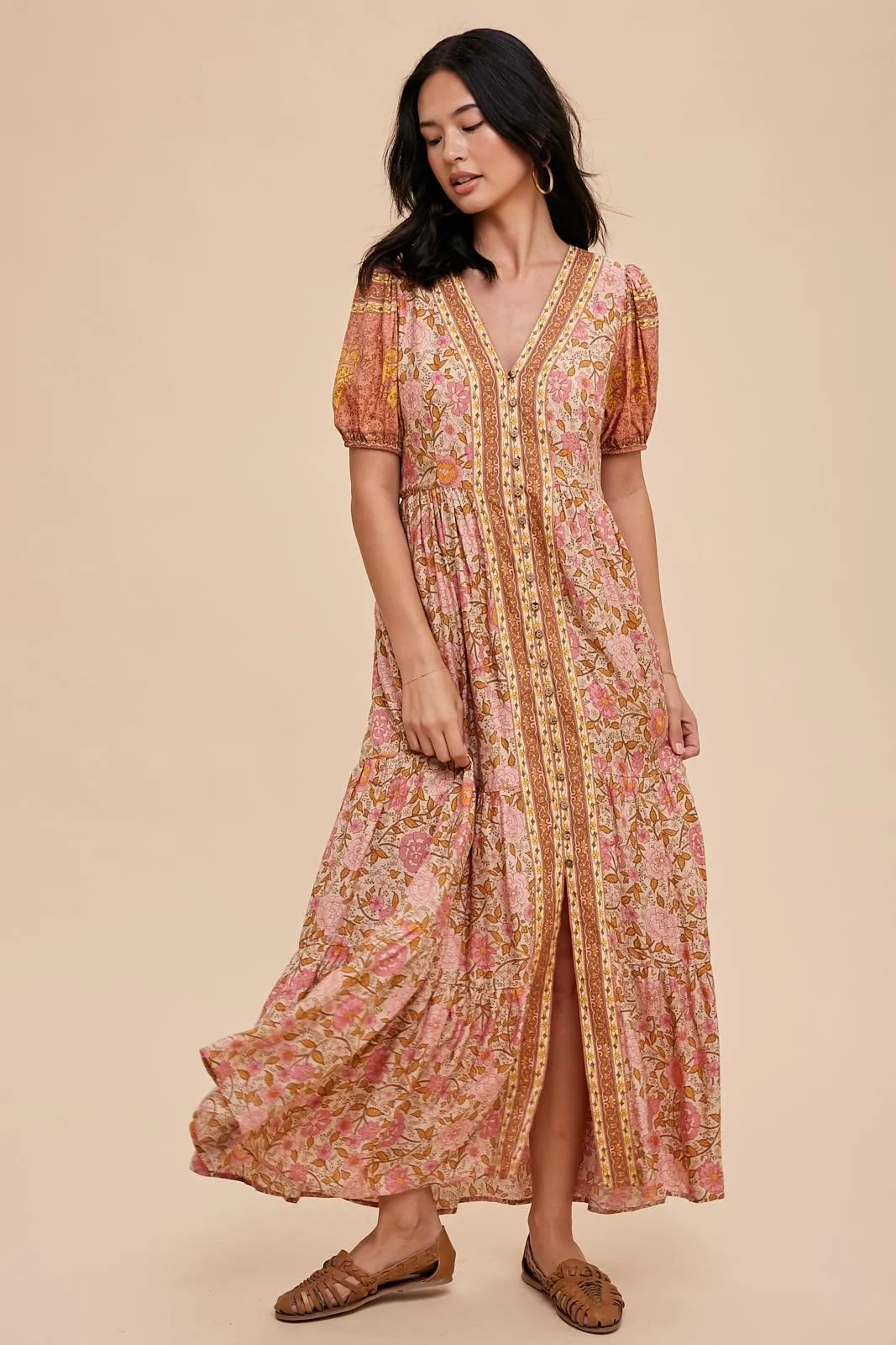 Dusty Rose Border Print Button Down Maxi Dress sold by Pinkblush product image thumbnail 2