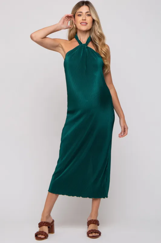Forest Green Knot Front Plisse Halter Maternity Midi Dress sold by Pinkblush