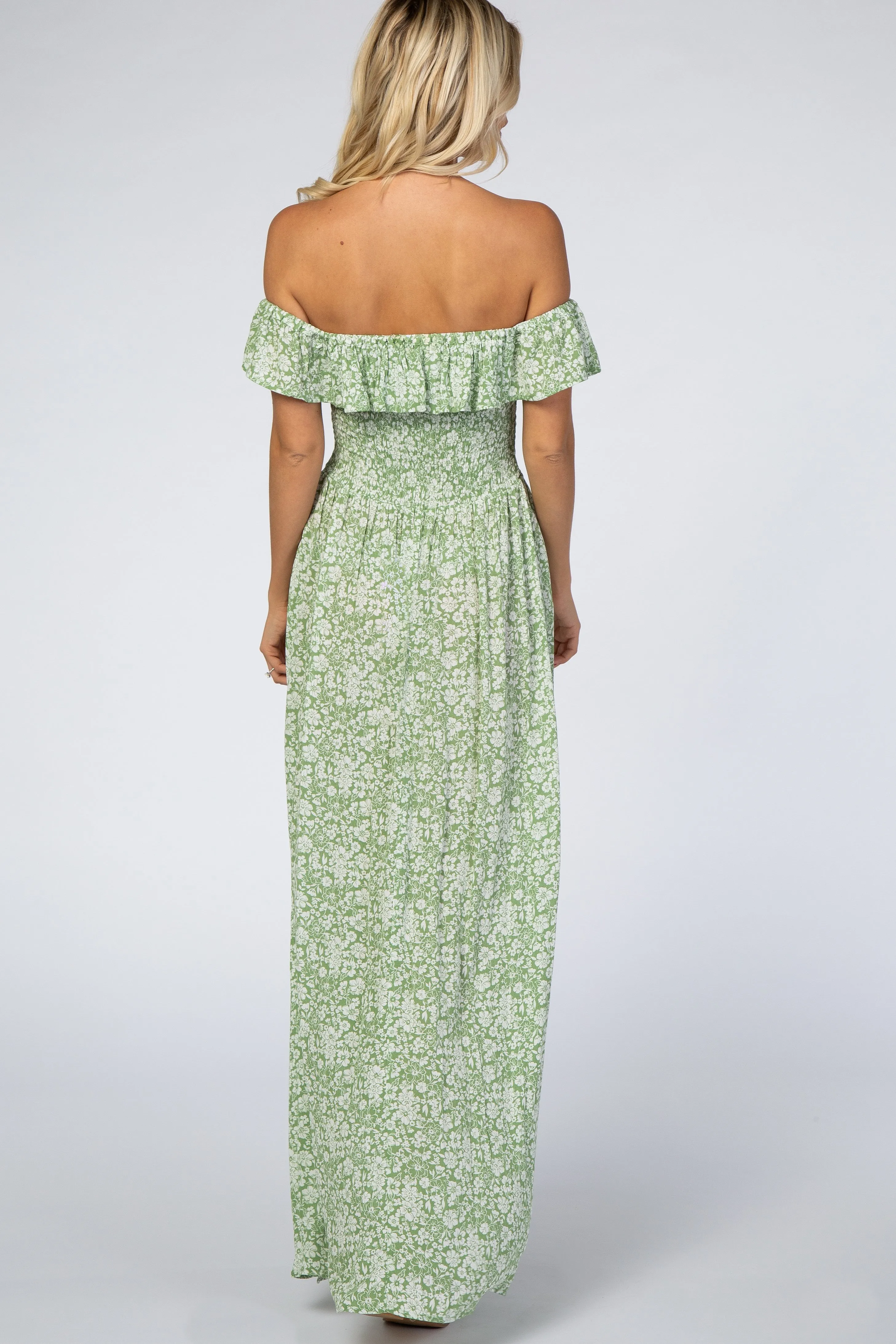 Green Floral Ruffle Off Shoulder Maxi Dress sold by Pinkblush product image thumbnail 3