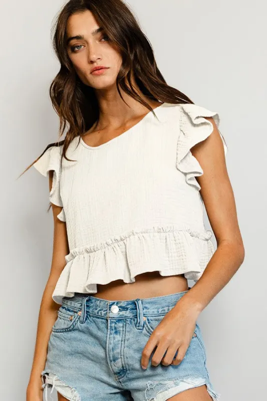 Ivory Cotton Gauze Peplum Blouse Crop Top sold by Pinkblush