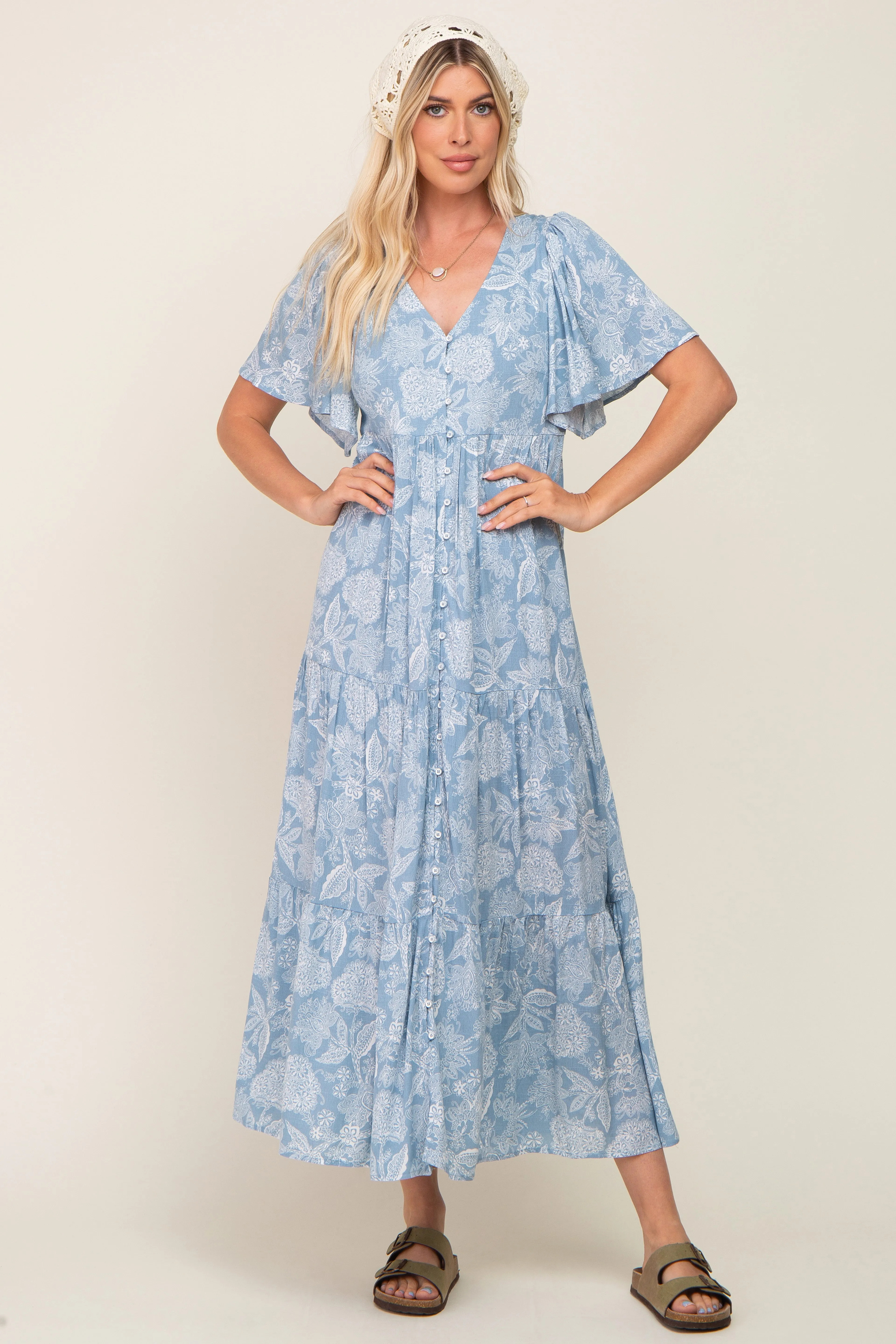 Light Blue Paisley Button Down Tiered Maxi Dress sold by Pinkblush product image thumbnail 5