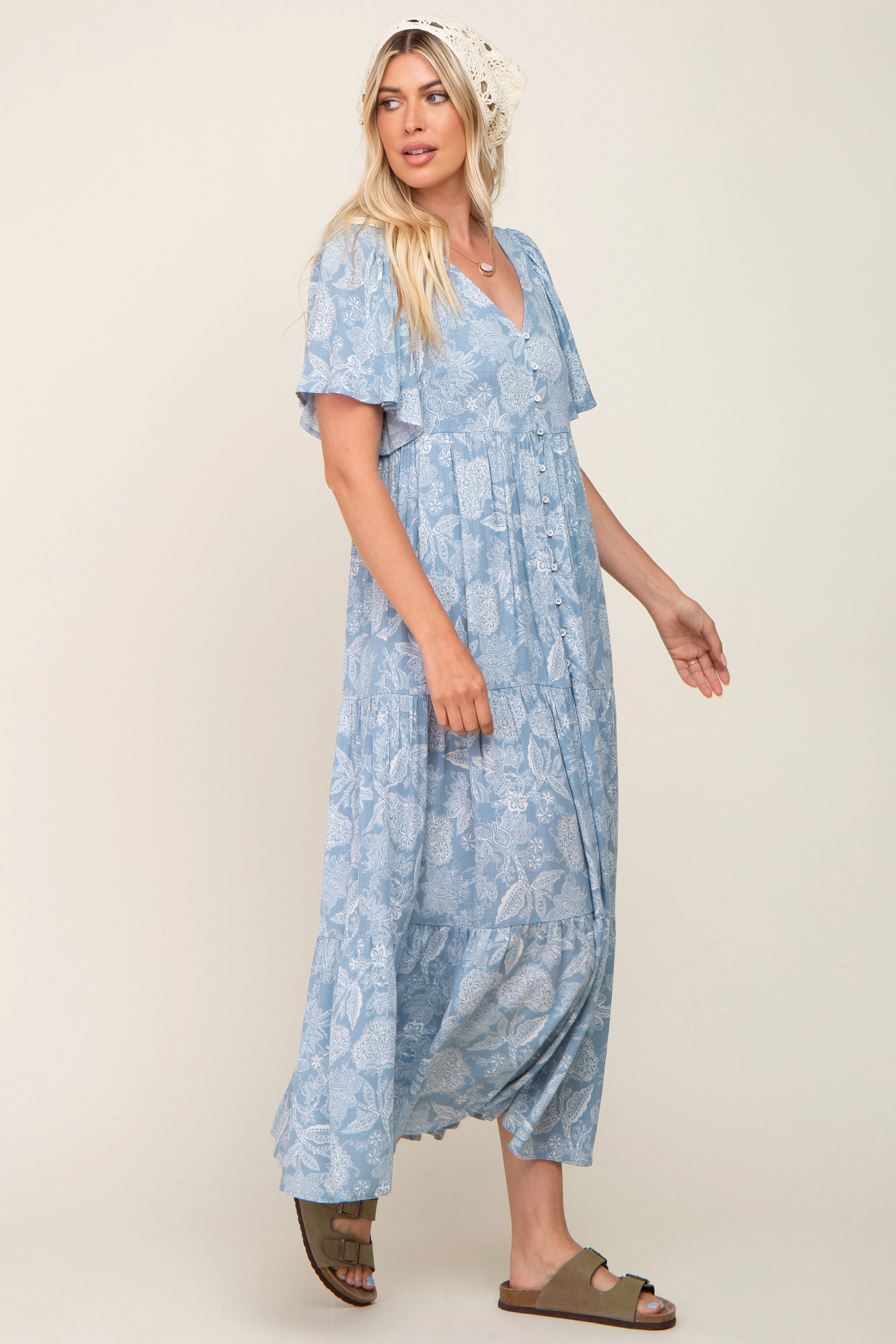 Light Blue Paisley Button Down Tiered Maxi Dress sold by Pinkblush product image thumbnail 2
