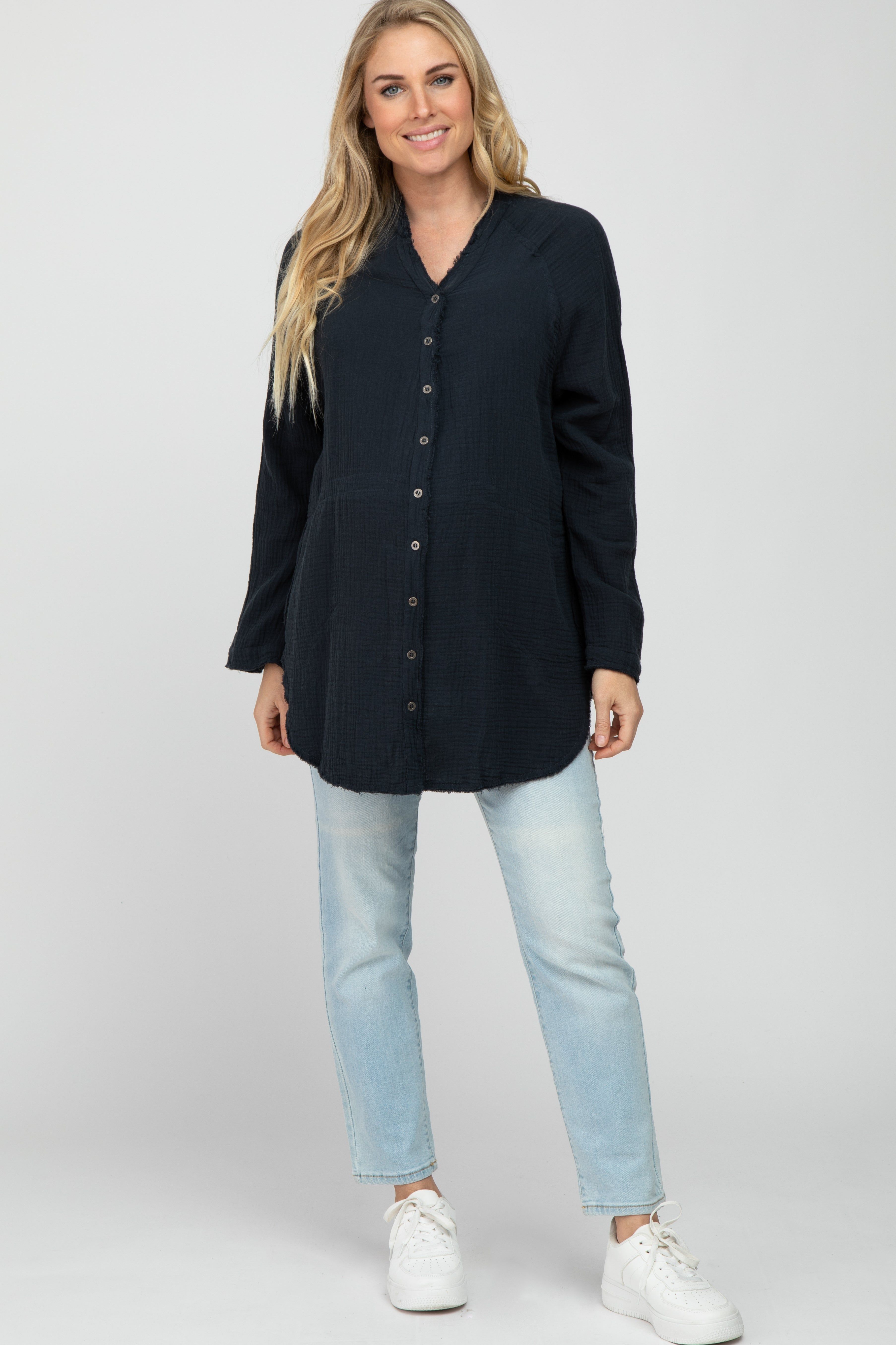 Navy Distressed Seam Maternity Button Down Top sold by Pinkblush product image thumbnail 2