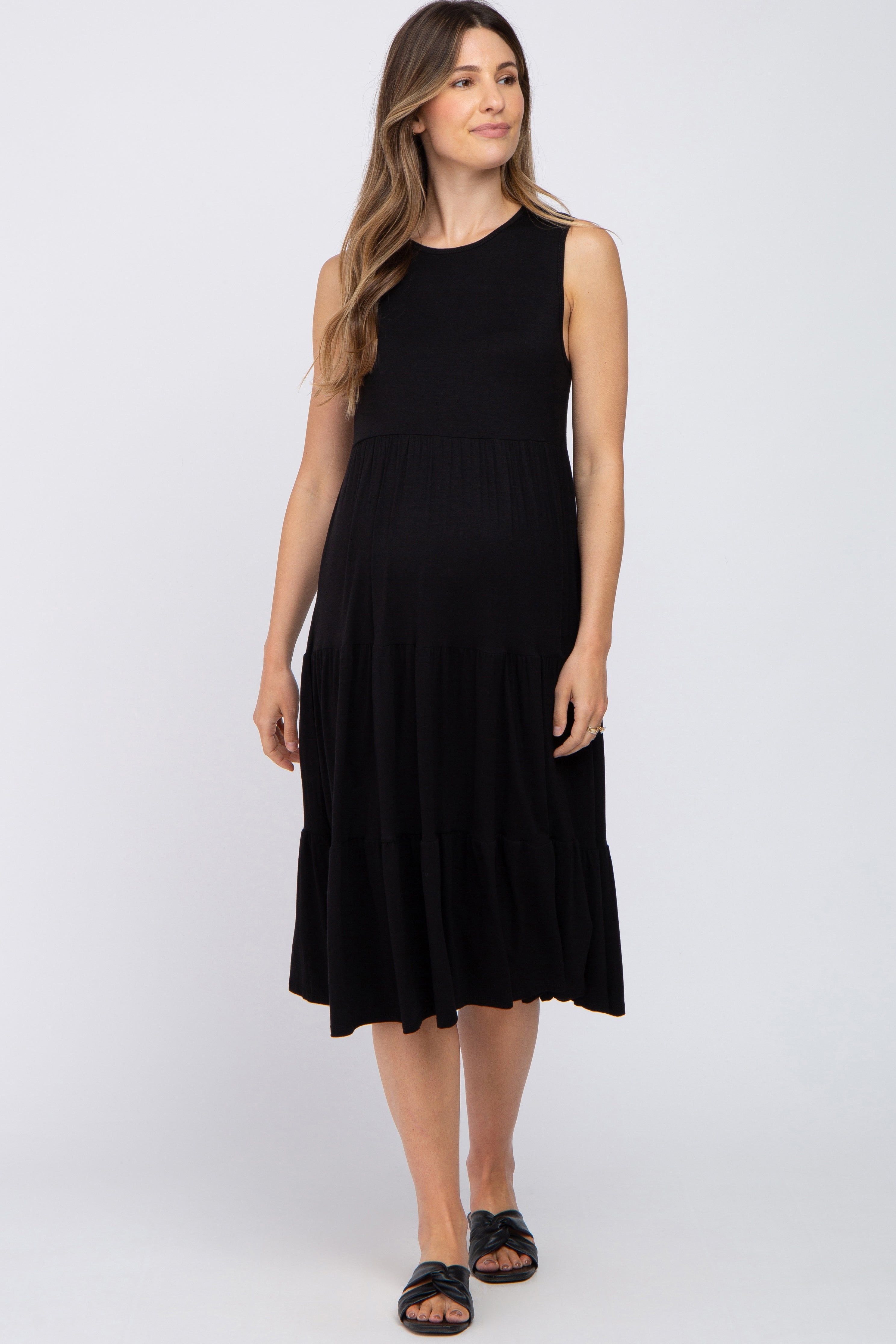 Black Tiered Sleeveless Maternity Midi Dress sold by Pinkblush
