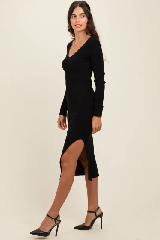 Black Ribbed Knit Side Slit Midi Dress sold by Pinkblush