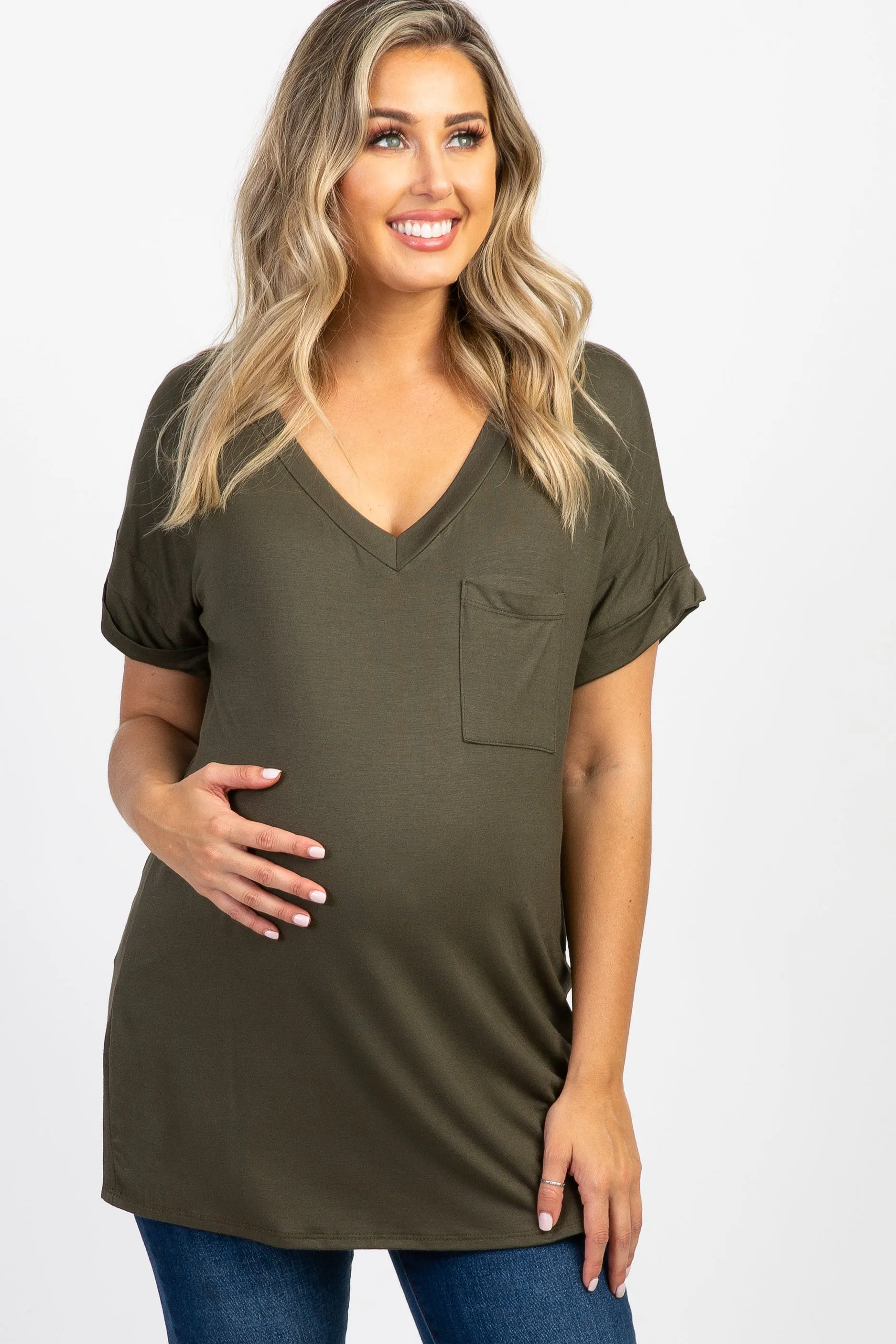 Olive V-Neck Pocket Accent Maternity Top sold by Pinkblush