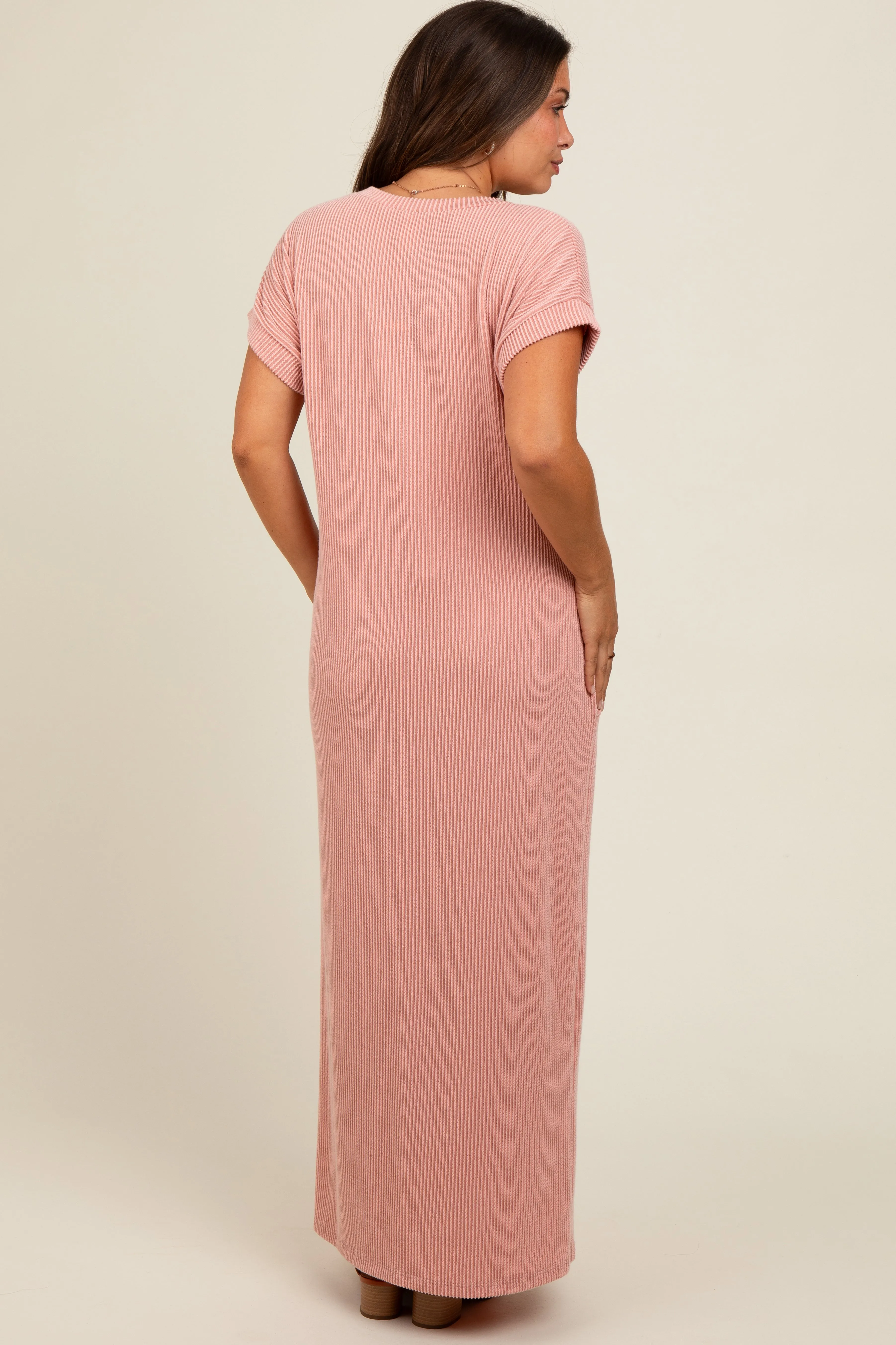 Salmon Ribbed V-Neck Maternity Midi Dress sold by Pinkblush product image thumbnail 3