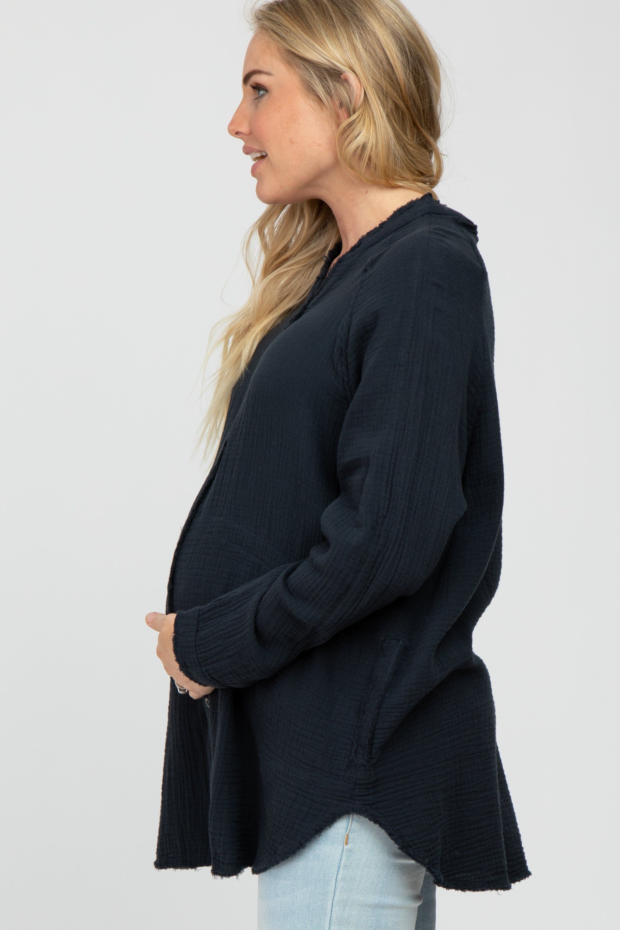 Navy Distressed Seam Maternity Button Down Top sold by Pinkblush product image thumbnail 3