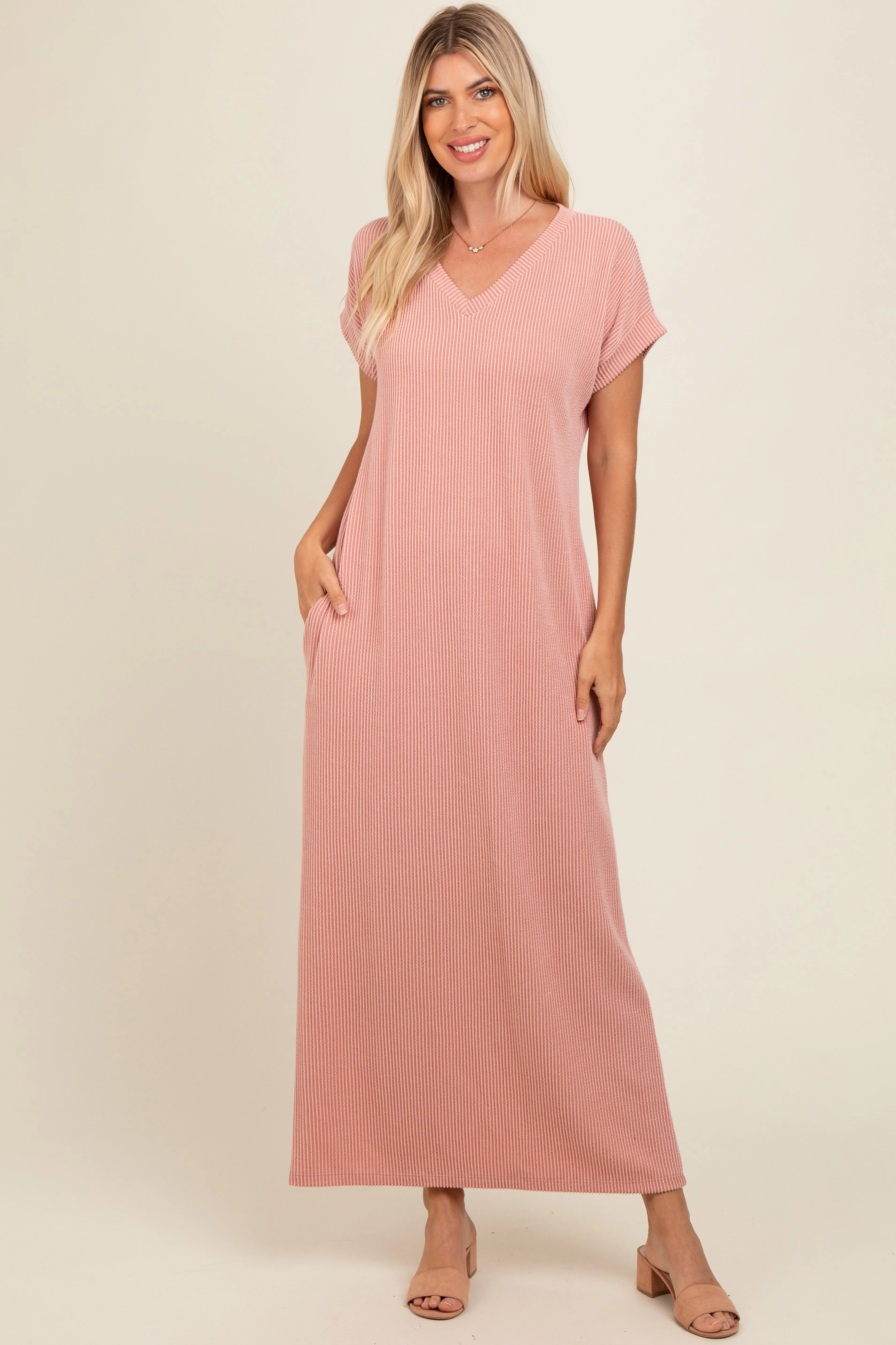 Salmon Ribbed V-Neck Maternity Midi Dress sold by Pinkblush product image thumbnail 4