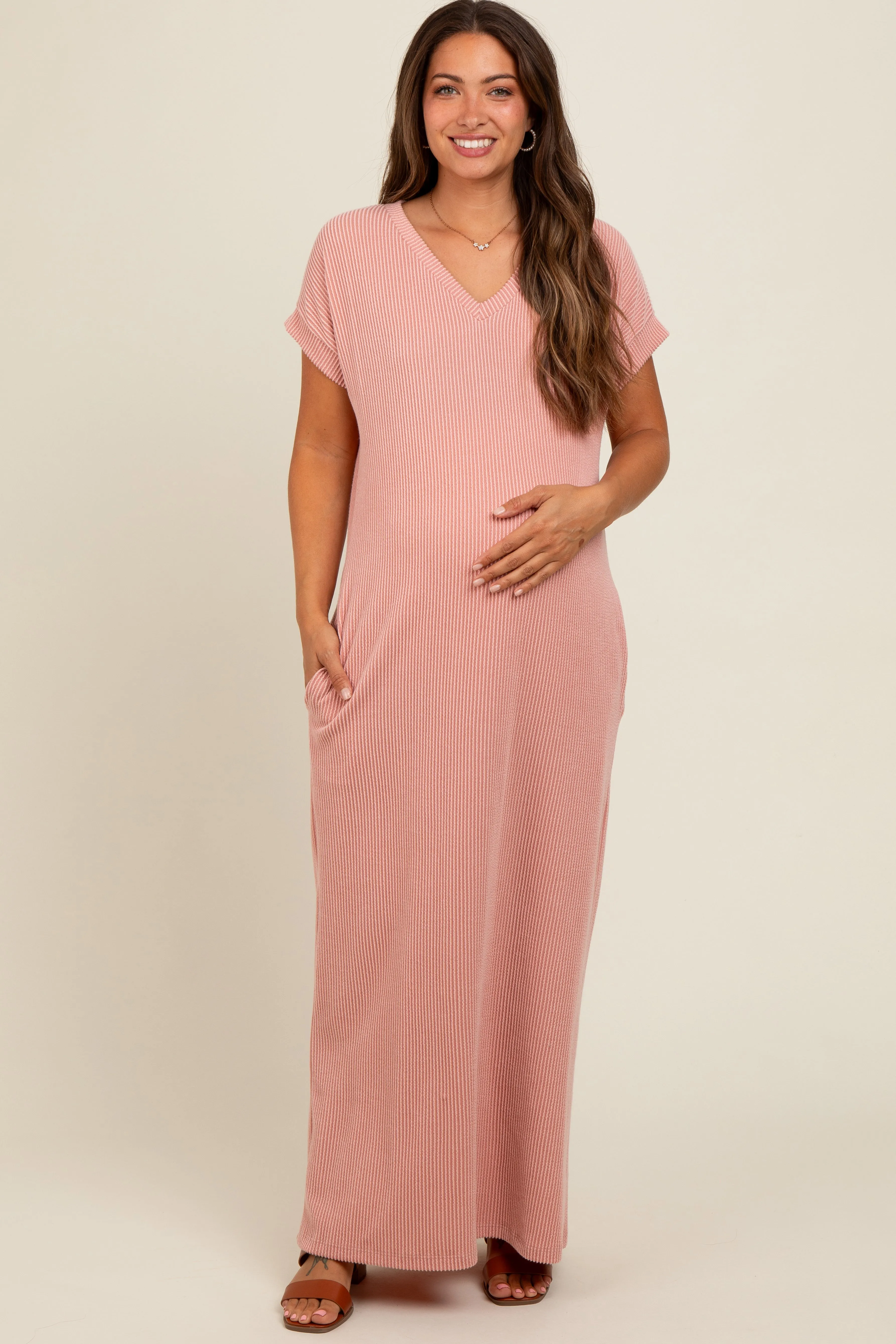 Salmon Ribbed V-Neck Maternity Midi Dress sold by Pinkblush