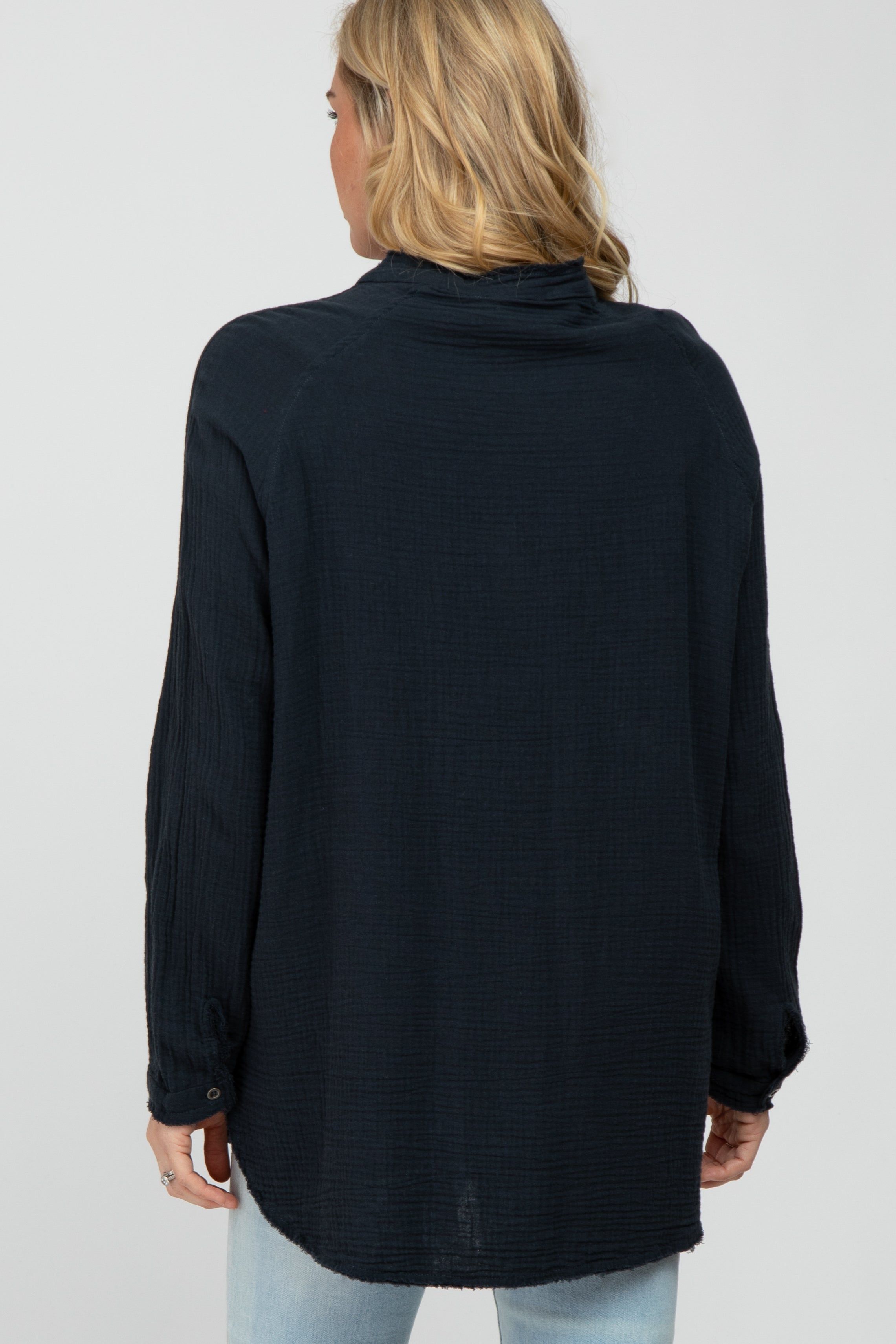 Navy Distressed Seam Maternity Button Down Top sold by Pinkblush product image thumbnail 4