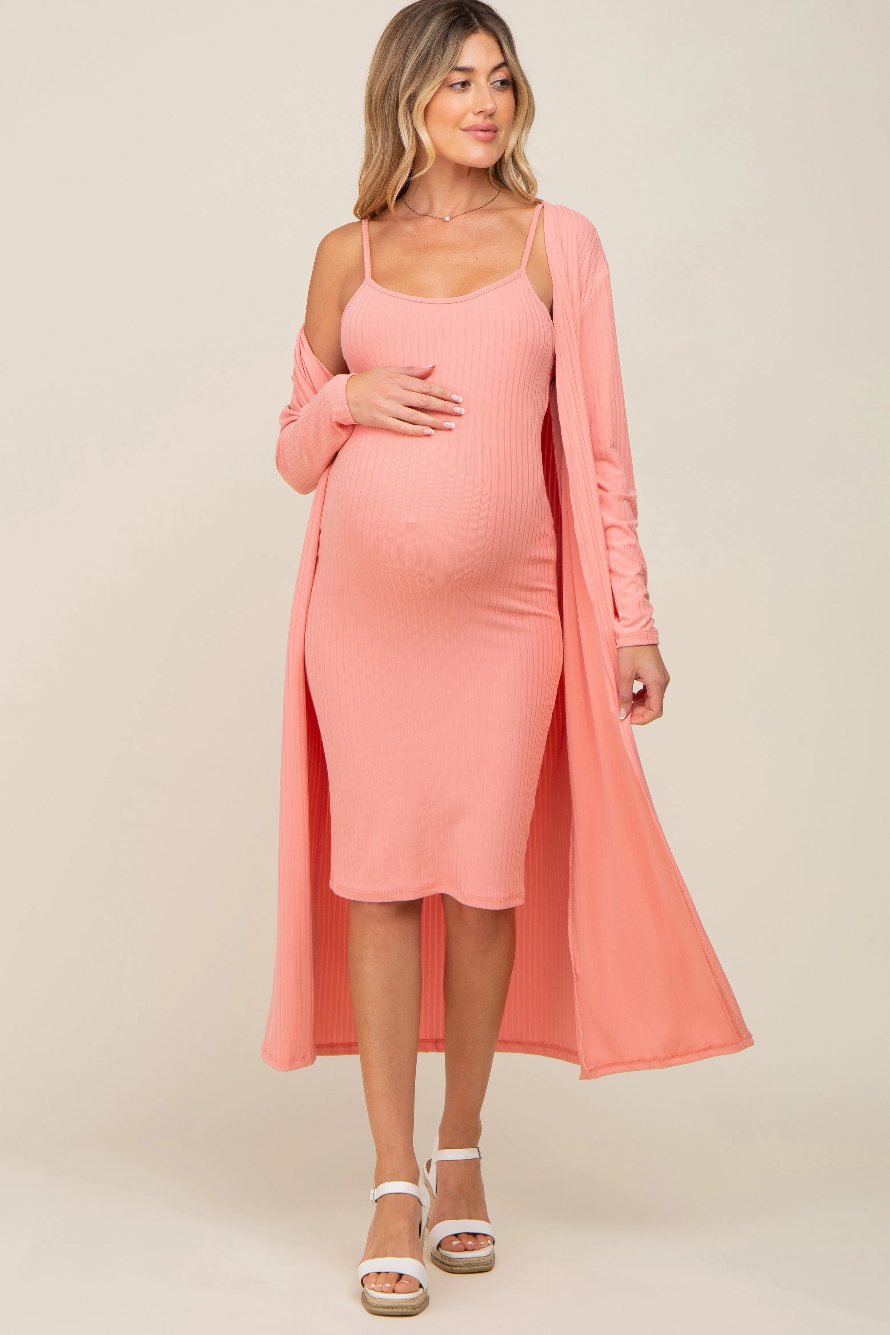 Peach Ribbed Cardigan 2 Piece Maternity Set sold by Pinkblush