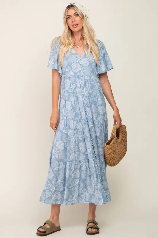 Light Blue Paisley Button Down Tiered Maxi Dress sold by Pinkblush