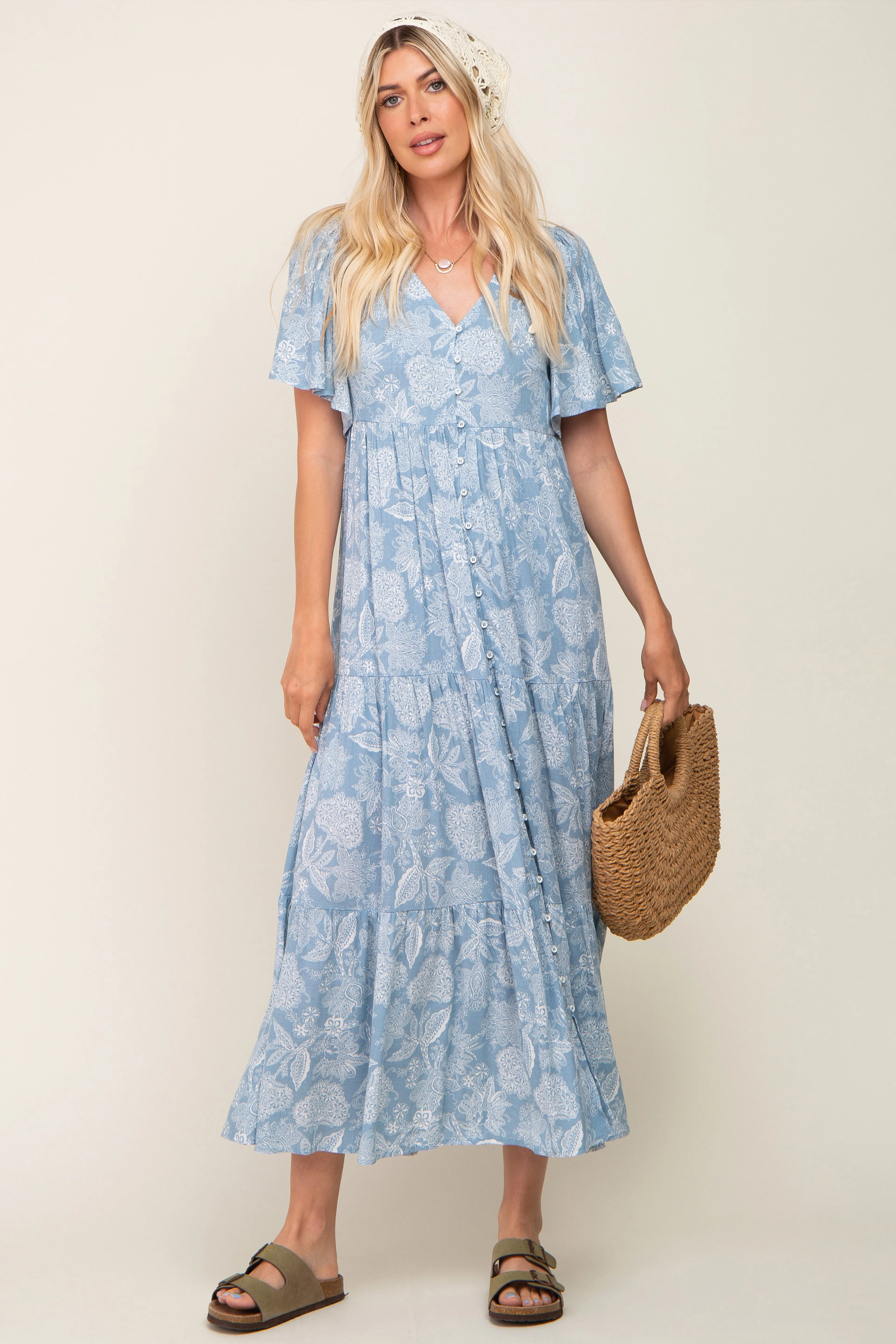 Light Blue Paisley Button Down Tiered Maxi Dress sold by Pinkblush