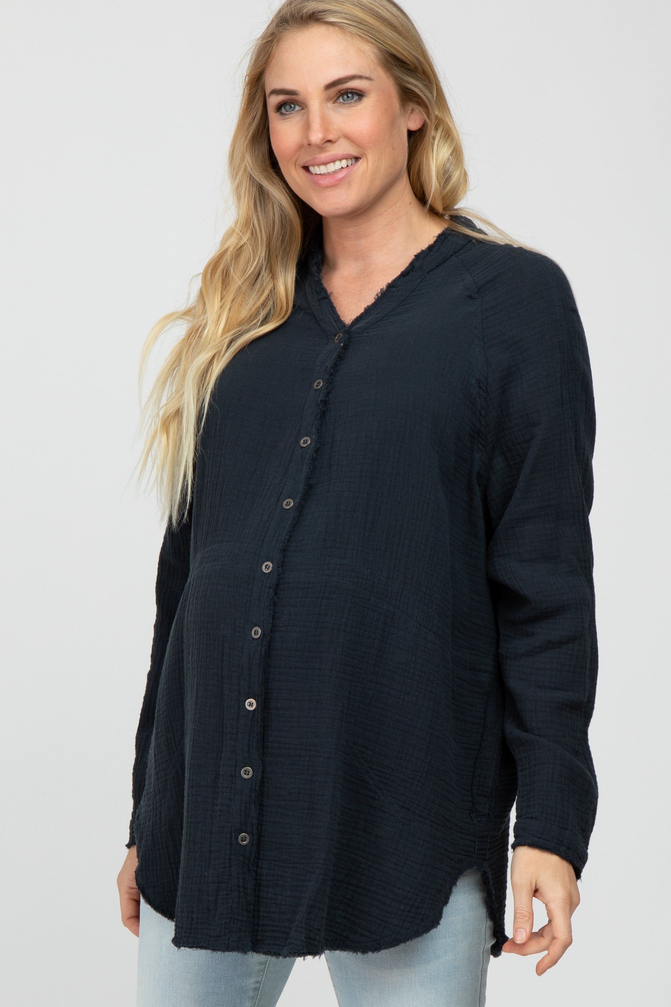 Navy Distressed Seam Maternity Button Down Top sold by Pinkblush