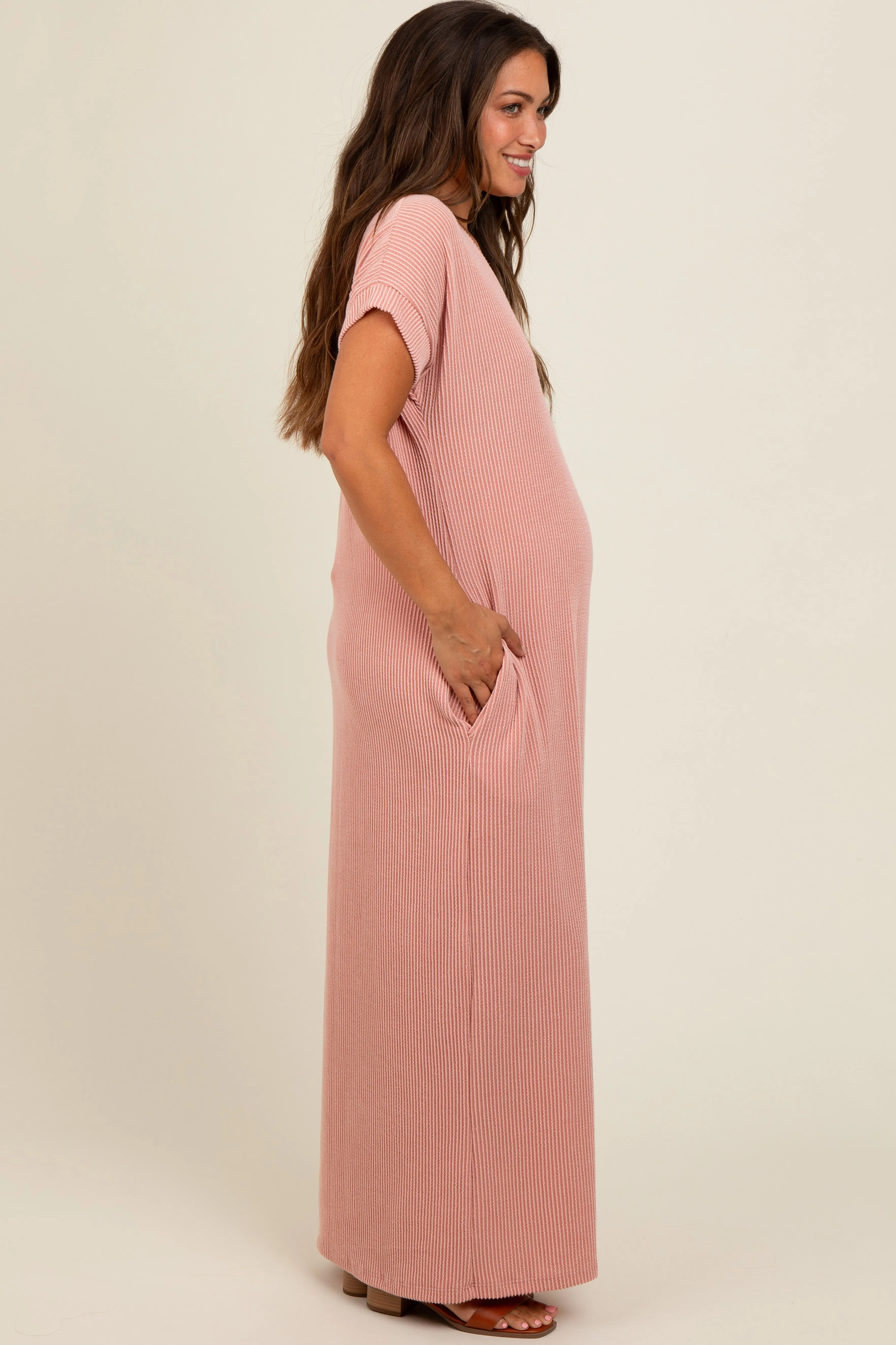 Salmon Ribbed V-Neck Maternity Midi Dress sold by Pinkblush product image thumbnail 2