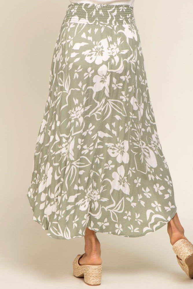 Light Olive Tropical Floral Smocked Waist Round Hem Midi Skirt sold by Pinkblush product image thumbnail 4