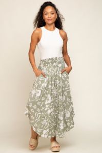 Light Olive Tropical Floral Smocked Waist Round Hem Midi Skirt sold by Pinkblush