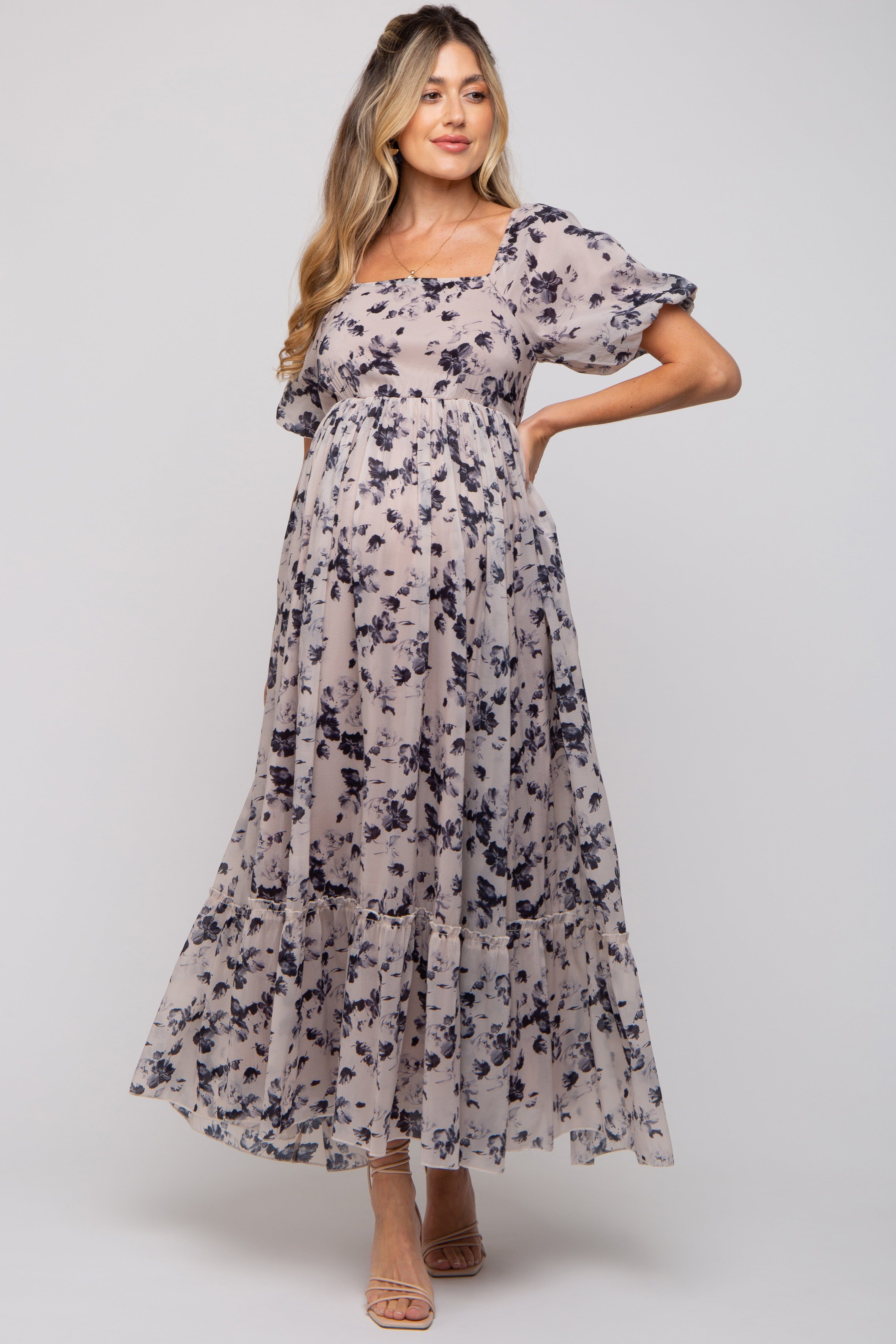 Navy Blue Floral Square Neck Short Puff Sleeve Maternity Maxi Dress sold by Pinkblush product image thumbnail 5
