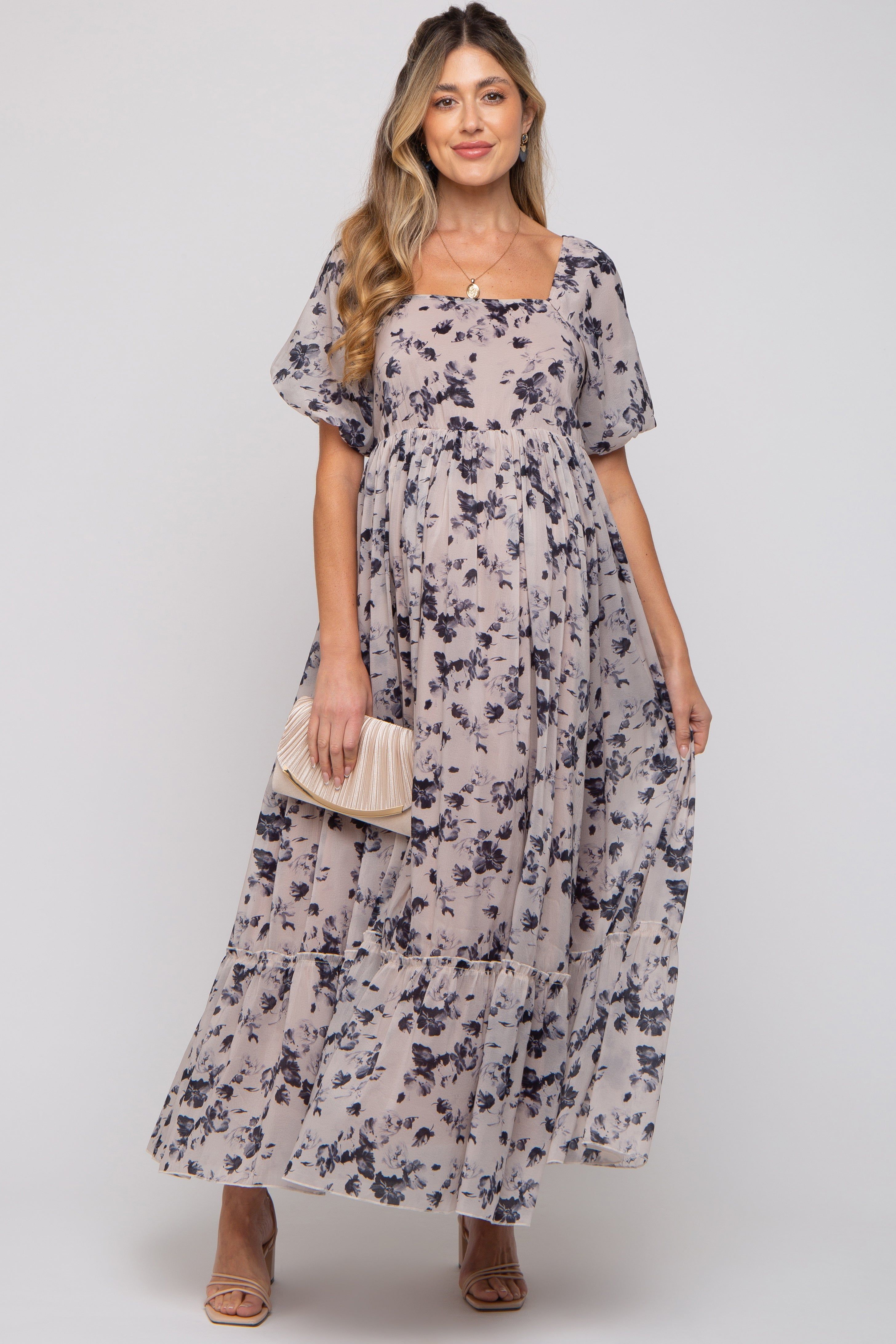 Navy Blue Floral Square Neck Short Puff Sleeve Maternity Maxi Dress sold by Pinkblush product image thumbnail 2