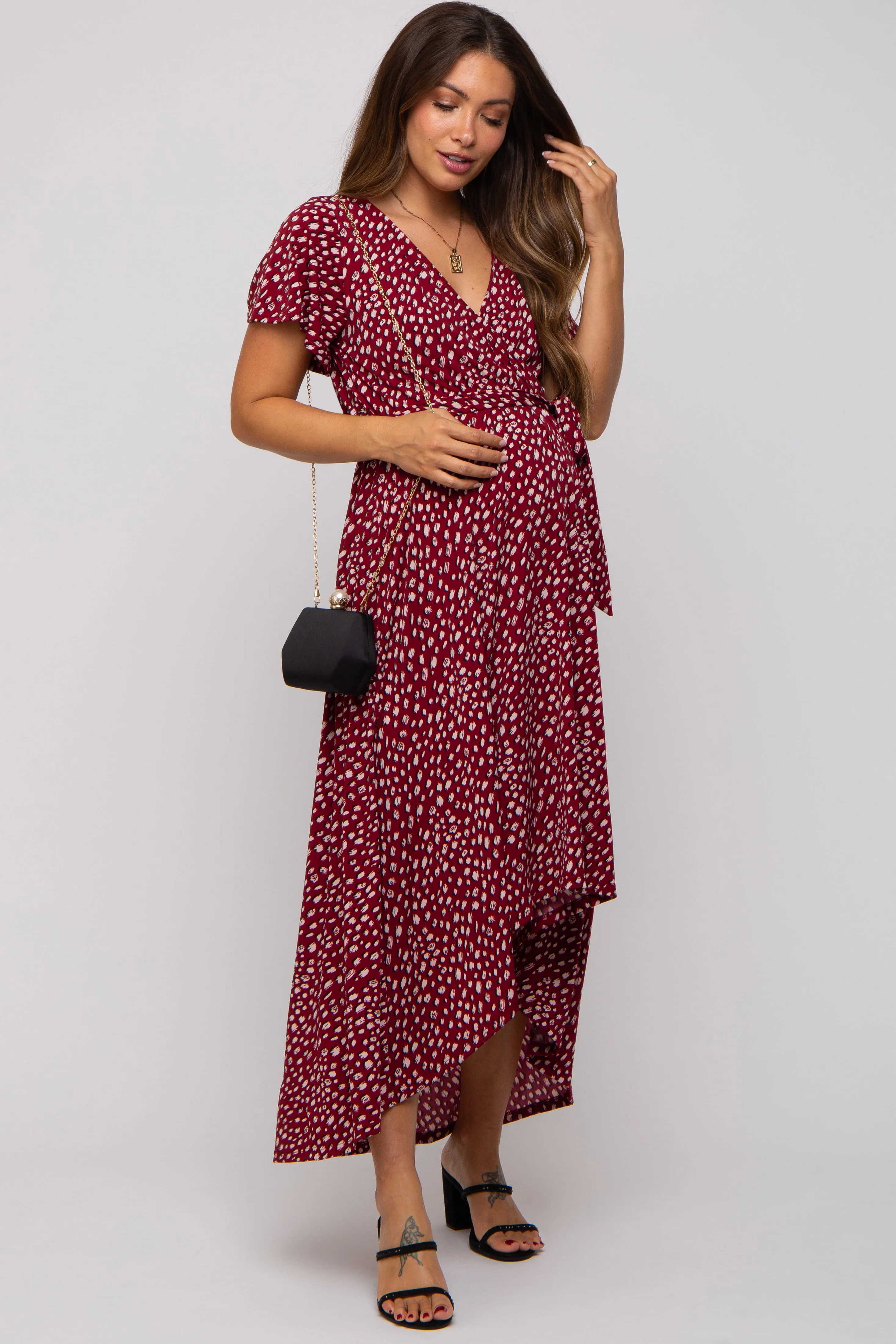 Burgundy Printed High-Low Hem Maternity Wrap Dress sold by Pinkblush product image thumbnail 4