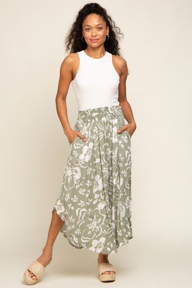 Light Olive Tropical Floral Smocked Waist Round Hem Midi Skirt sold by Pinkblush product image thumbnail 5