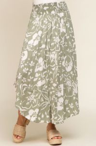 Light Olive Tropical Floral Smocked Waist Round Hem Midi Skirt sold by Pinkblush