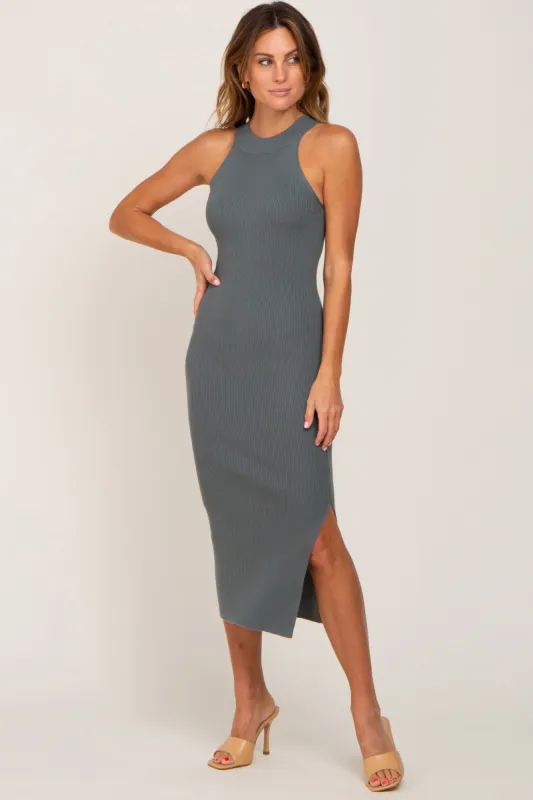 Olive Ribbed Sleeveless Side Slit Midi Dress sold by Pinkblush