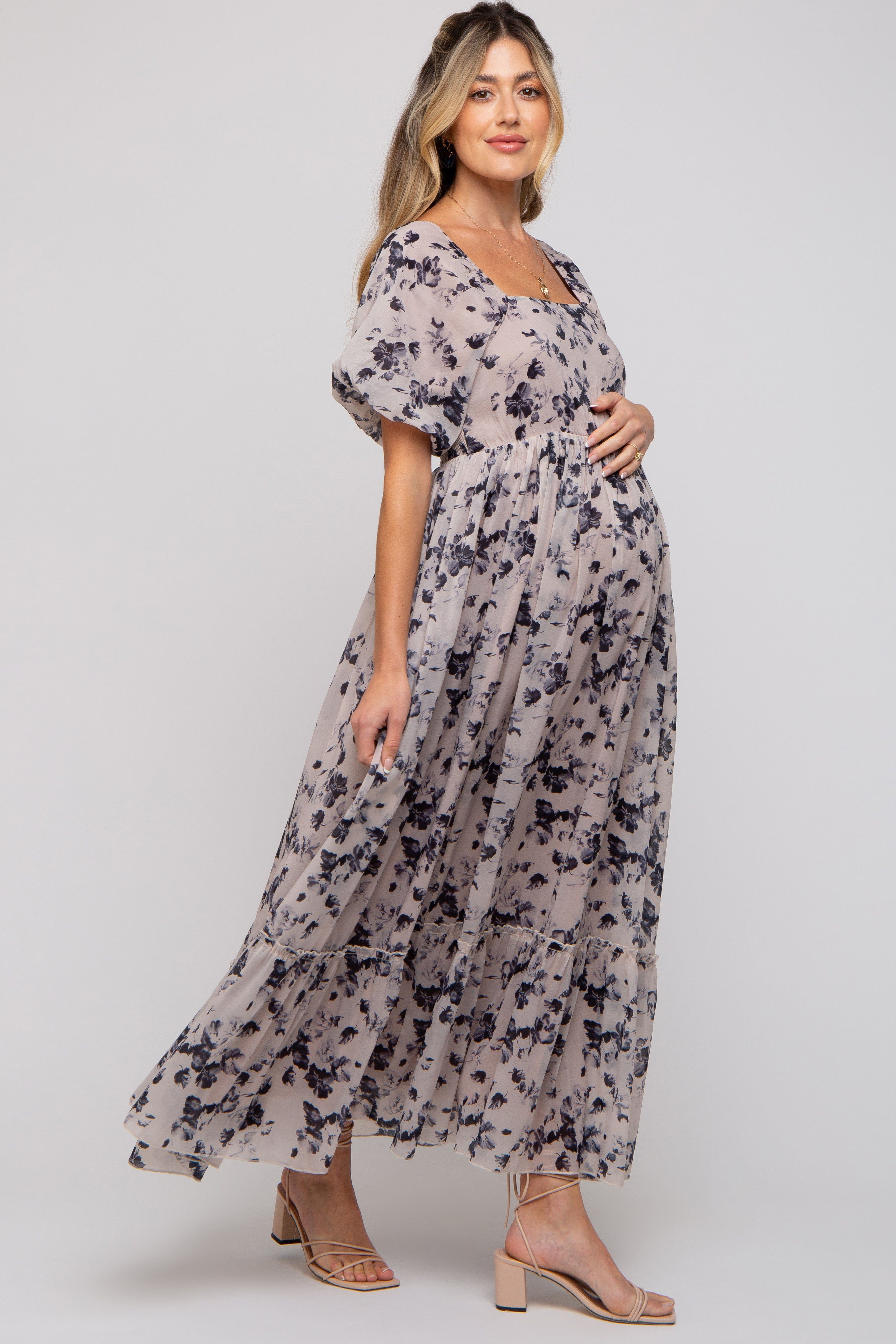 Navy Blue Floral Square Neck Short Puff Sleeve Maternity Maxi Dress sold by Pinkblush product image thumbnail 3