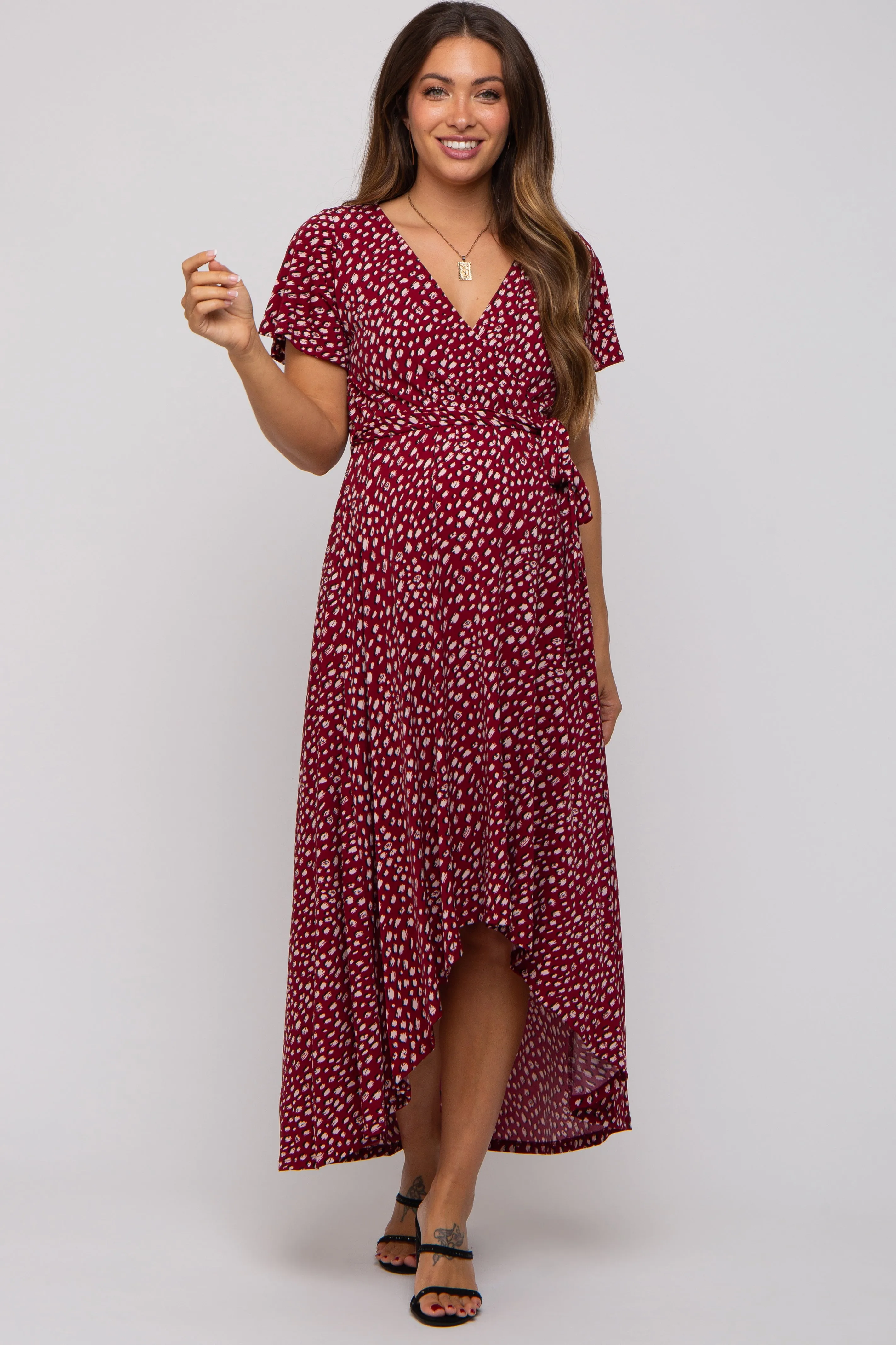 Burgundy Printed High-Low Hem Maternity Wrap Dress sold by Pinkblush product image thumbnail 5