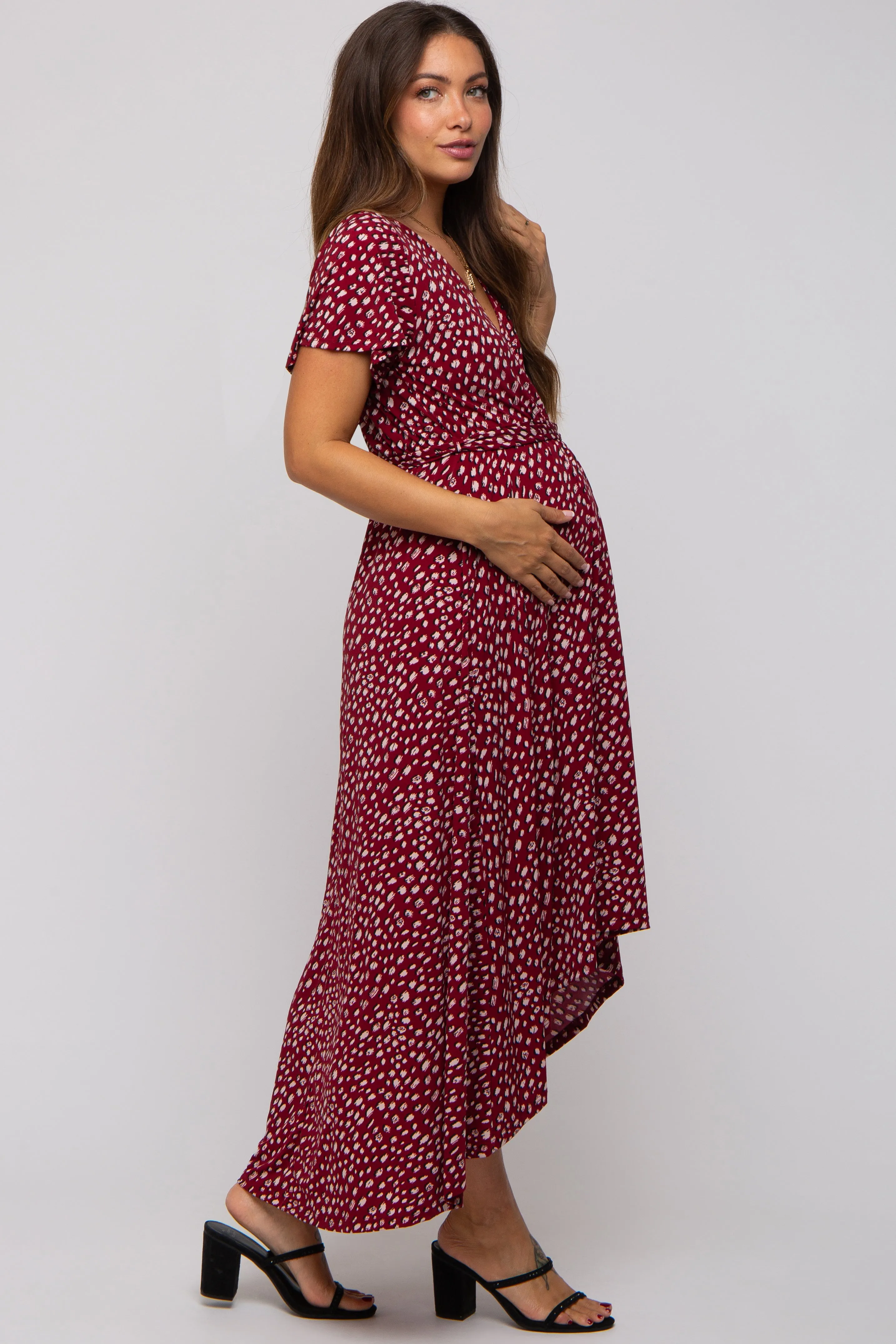 Burgundy Printed High-Low Hem Maternity Wrap Dress sold by Pinkblush product image thumbnail 2
