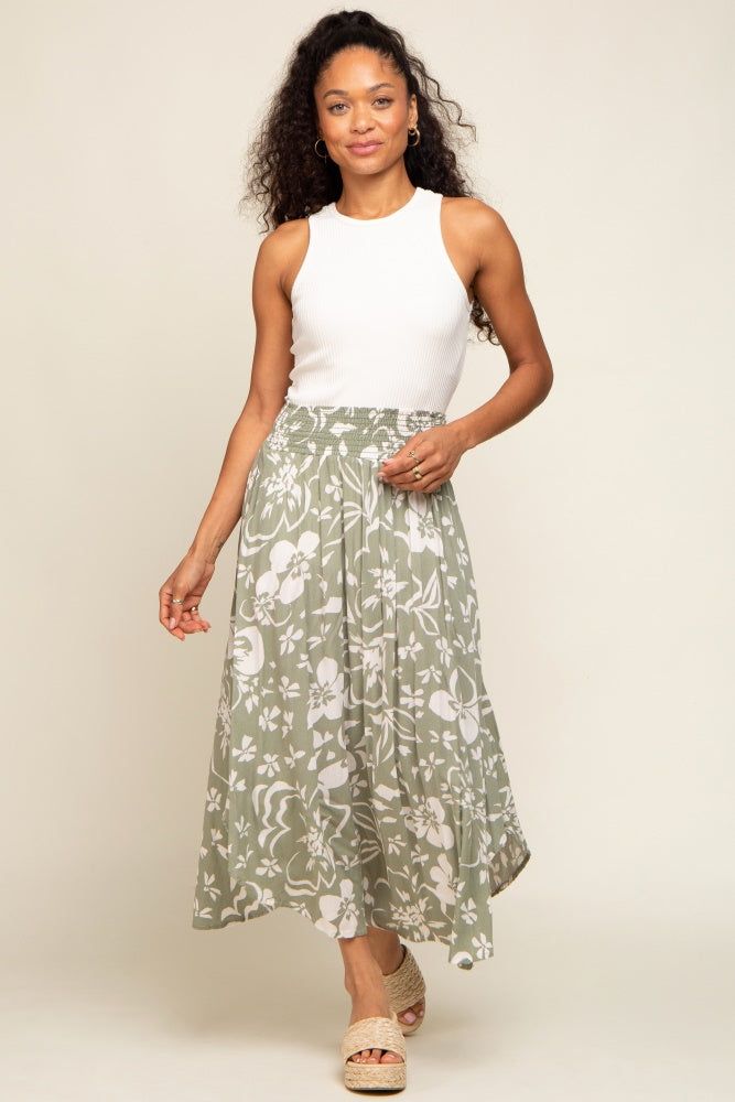 Light Olive Tropical Floral Smocked Waist Round Hem Midi Skirt sold by Pinkblush product image thumbnail 6