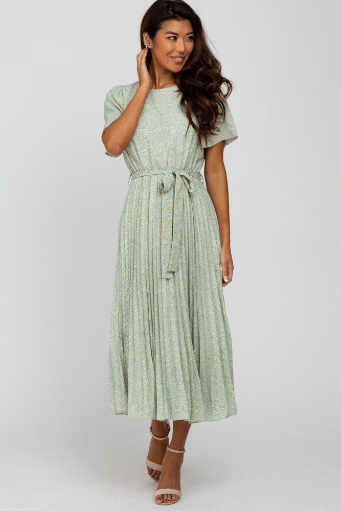 Mint Green Floral Pleated Midi Dress sold by Pinkblush