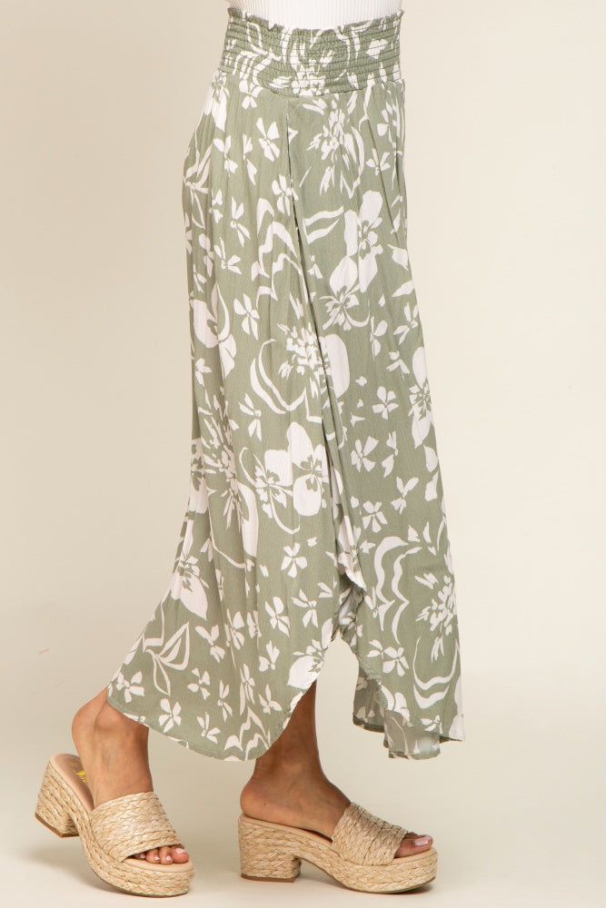 Light Olive Tropical Floral Smocked Waist Round Hem Midi Skirt sold by Pinkblush product image thumbnail 3