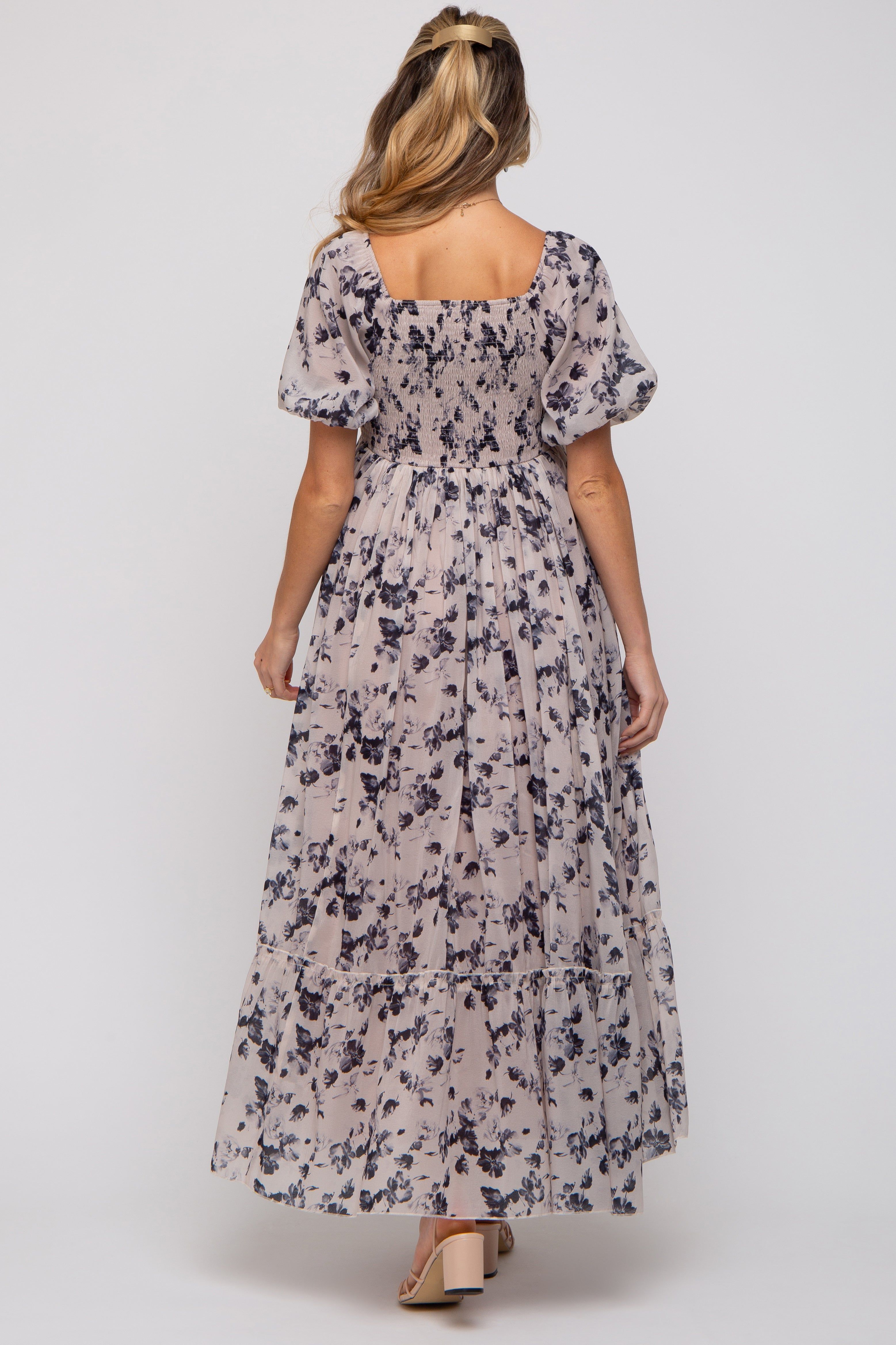 Navy Blue Floral Square Neck Short Puff Sleeve Maternity Maxi Dress sold by Pinkblush product image thumbnail 4