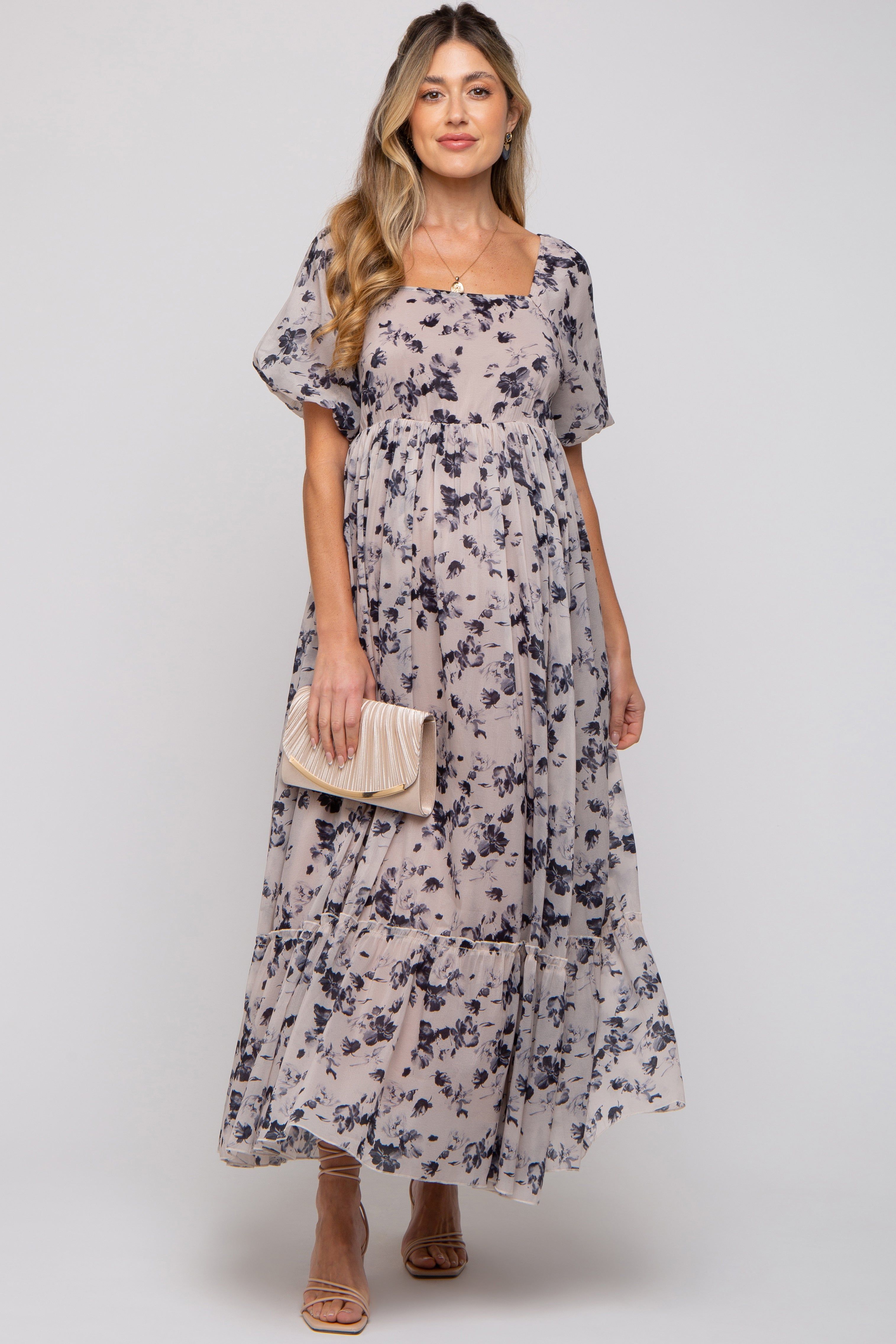 Navy Blue Floral Square Neck Short Puff Sleeve Maternity Maxi Dress sold by Pinkblush