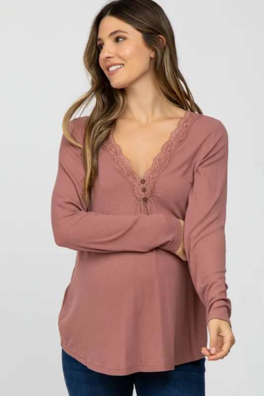 Mauve Lace Trim Maternity Long Sleeve Top sold by Pinkblush