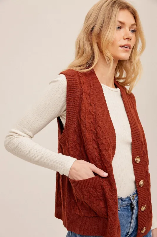 Rust Cable Knit Oversized Sweater Vest With Pockets sold by Pinkblush