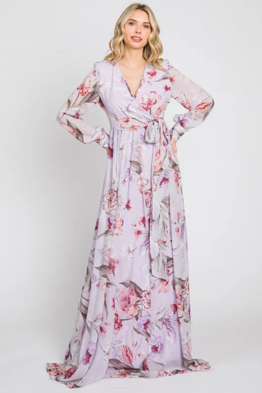 Lavender Floral Chiffon Long Sleeve Maxi Dress sold by Pinkblush
