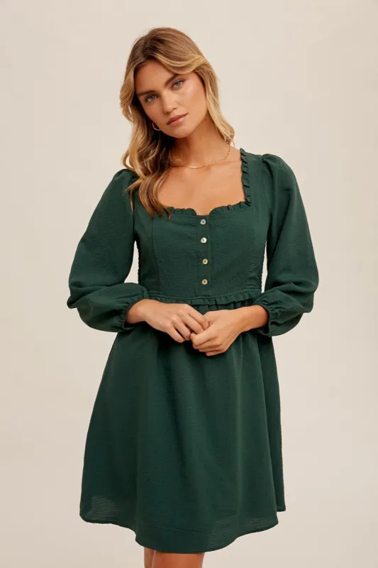 Hunter Green Square Neckline Ruffle Trim Babydoll Dress sold by Pinkblush