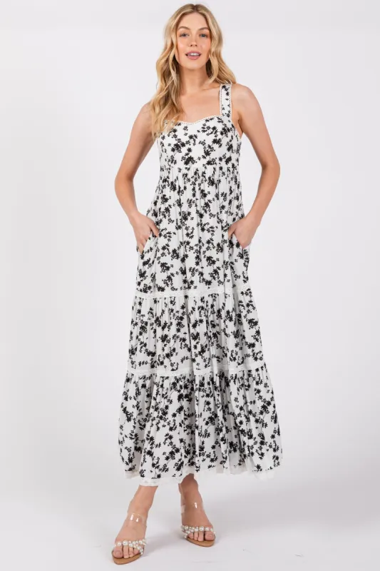 Ivory Floral Lace Trim Tiered Maxi Dress sold by Pinkblush