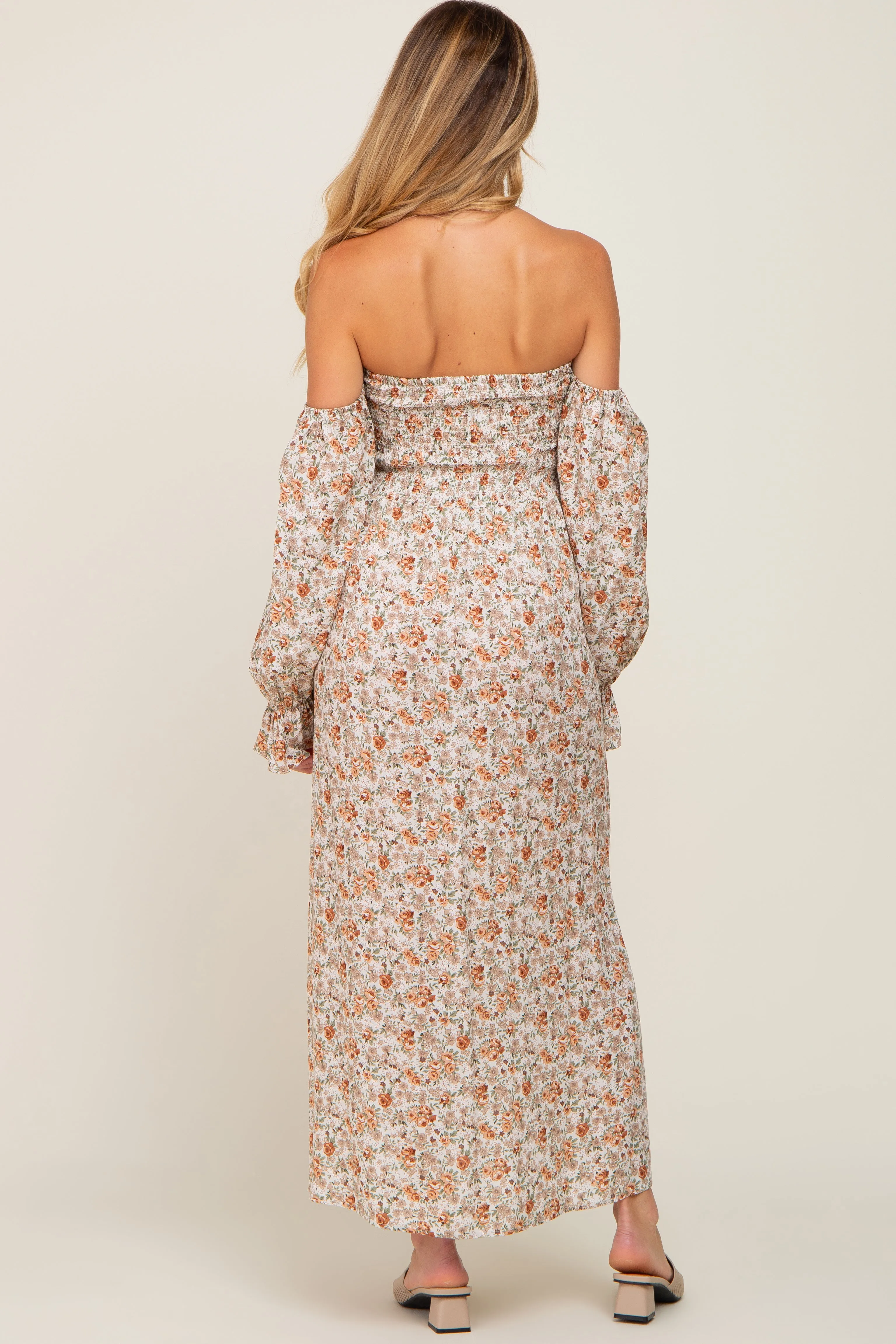 Taupe Floral Off Shoulder Long Sleeve Maternity Maxi Dress sold by Pinkblush product image thumbnail 3