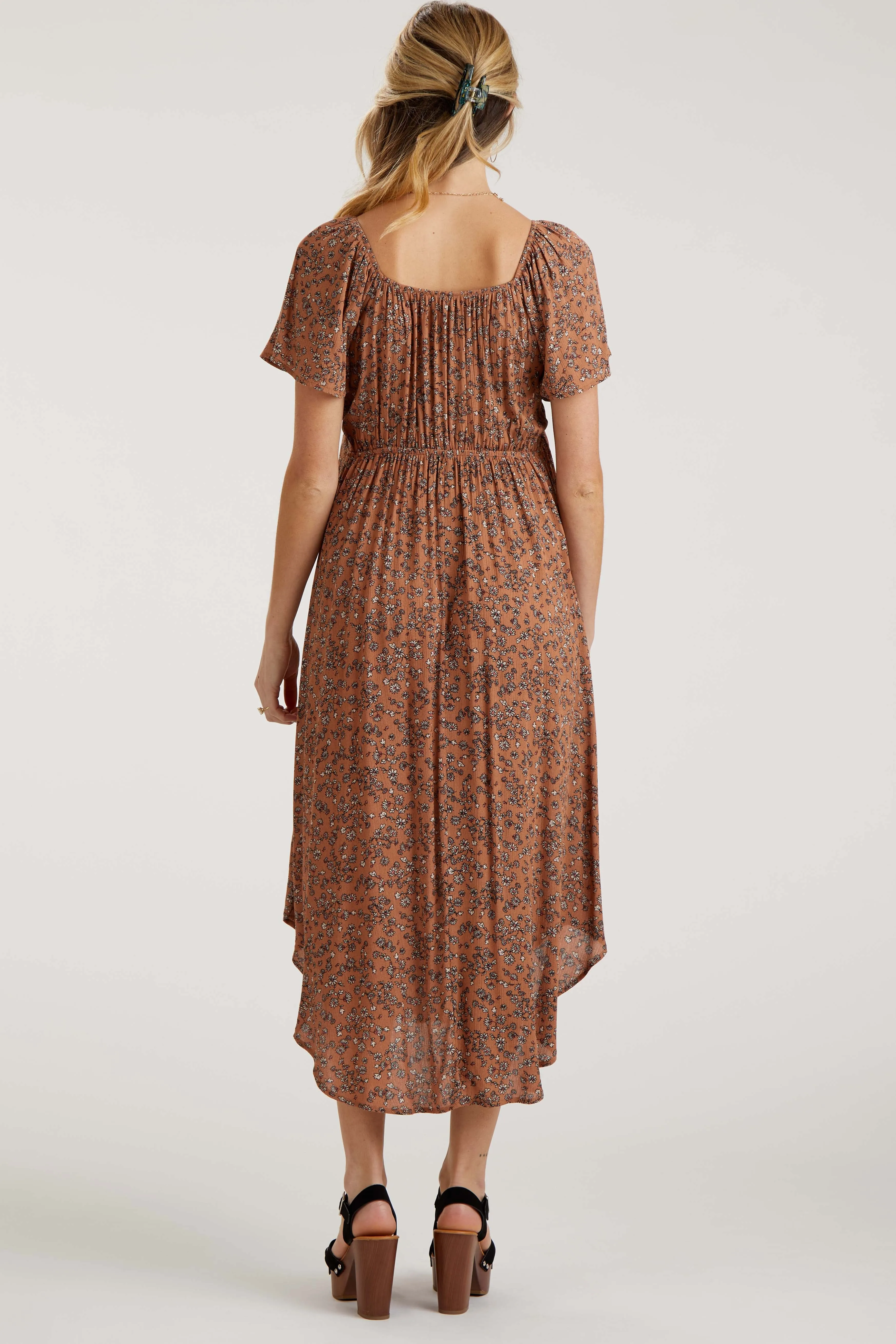 Mocha Floral Front Ruched Tie Maternity Midi Dress sold by Pinkblush product image thumbnail 3